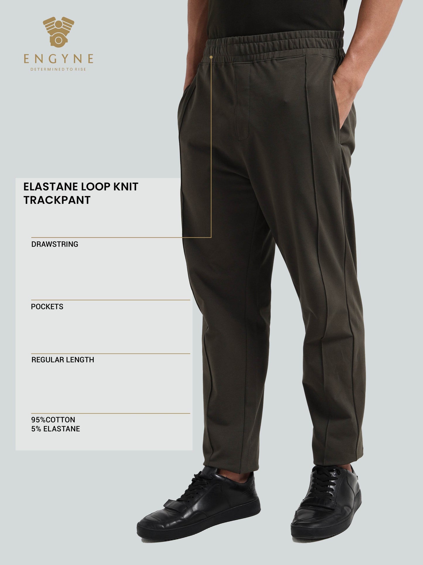 Regular-Fit Rougen Cotton Elastane Loop Knit Trackpant with Center Pin Tuck element - ENGYNE