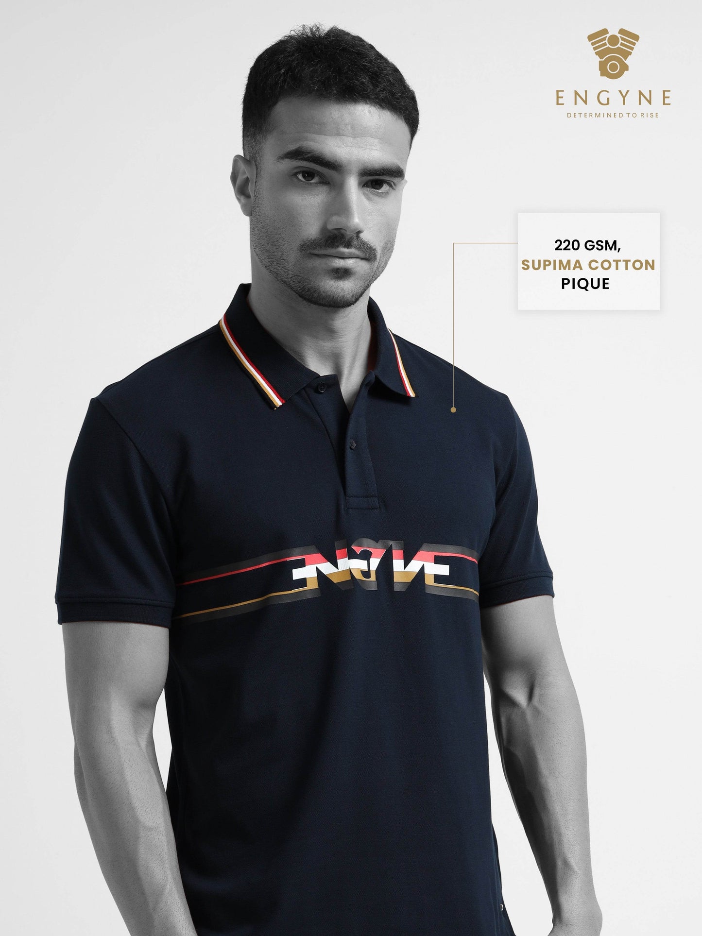 Engyne Supima Cotton Lycra Pique Polo – Signature Flag Tipped with Sticker Print Navy - ENGYNE