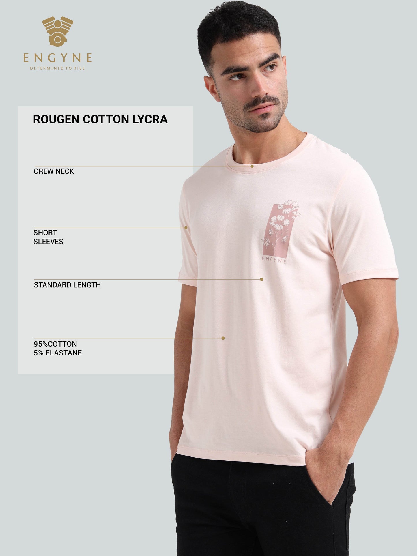 Regular -fit Engyne Rougen Cotton Lycra Tee with Pigment Floral Print - ENGYNE