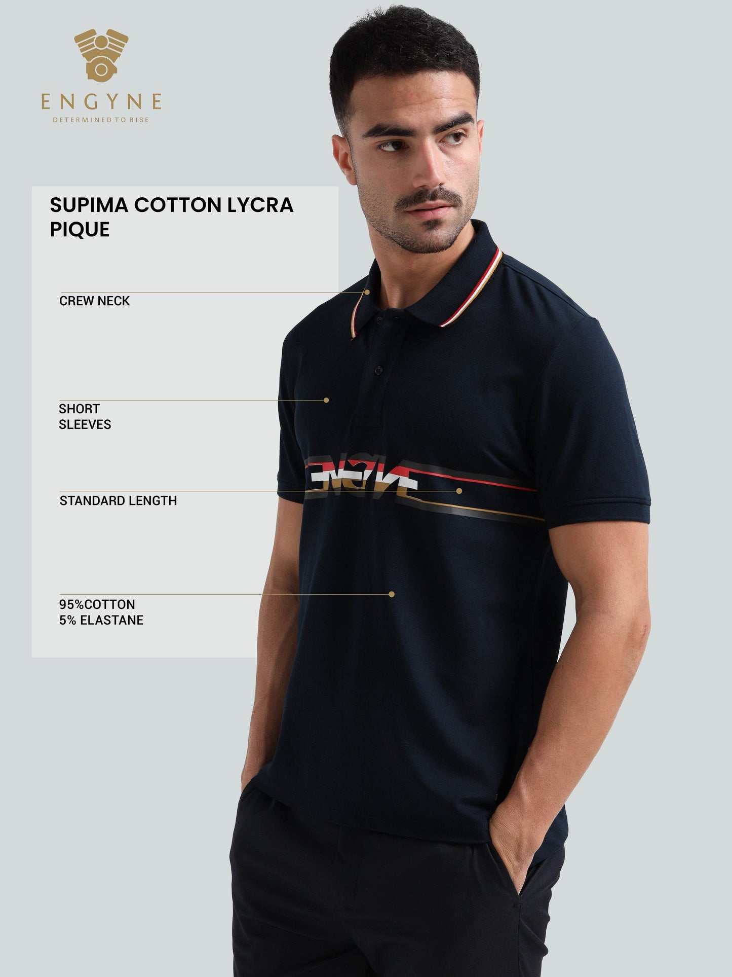 Engyne Supima Cotton Lycra Pique Polo – Signature Flag Tipped with Sticker Print Navy - ENGYNE