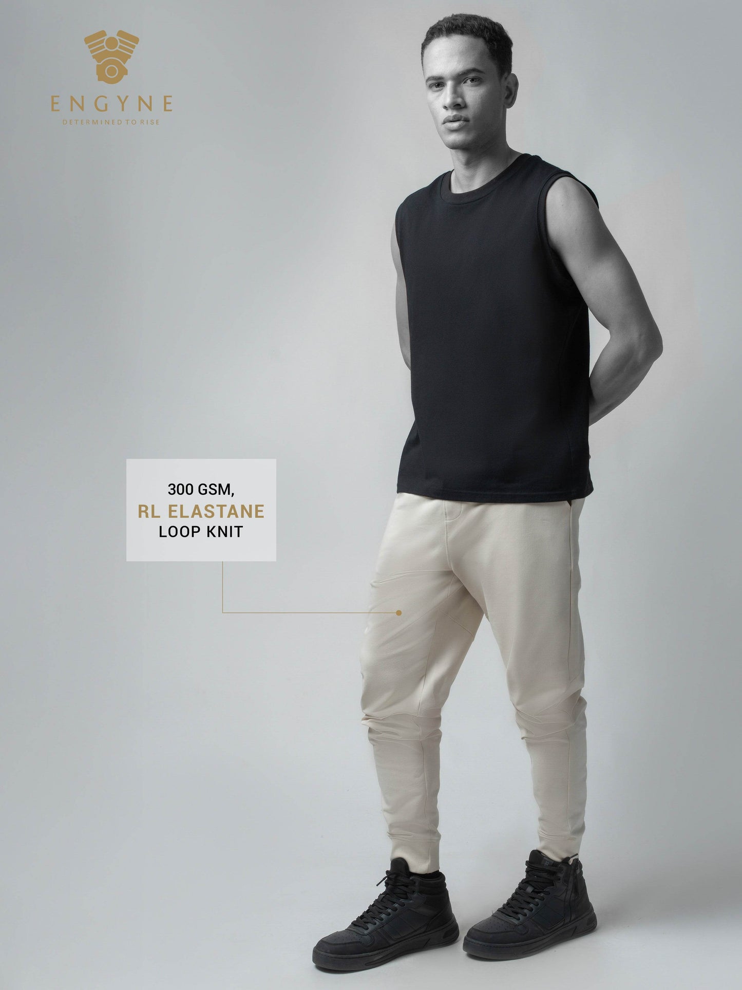 Rougen Cotton Elastane Loop Knit Jogger with Back Cut-and-Sew Beige - ENGYNE
