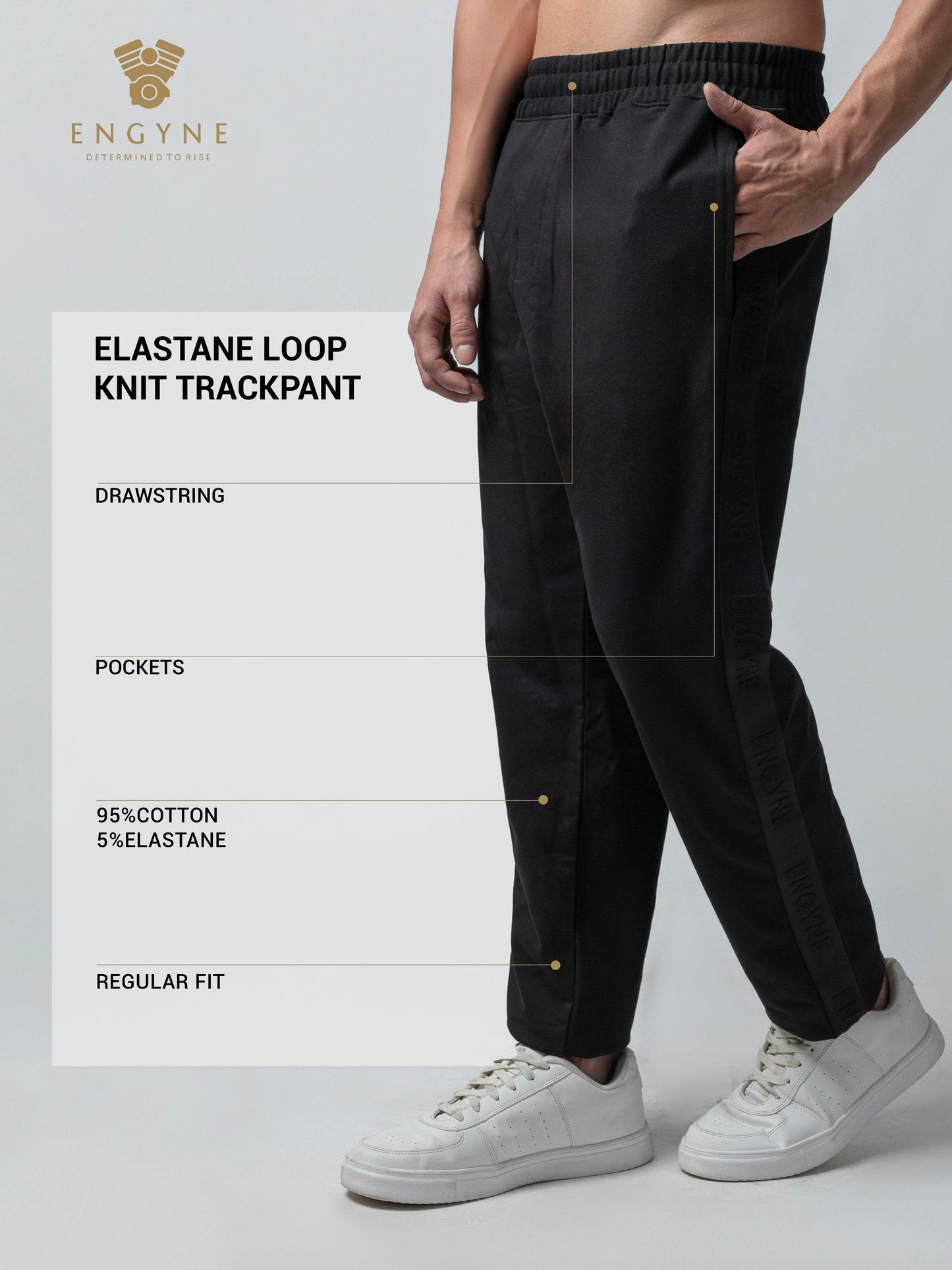 Rougen Cotton Elastane Loop Knit Trackpant with DTM Woven Side Tape Black - ENGYNE