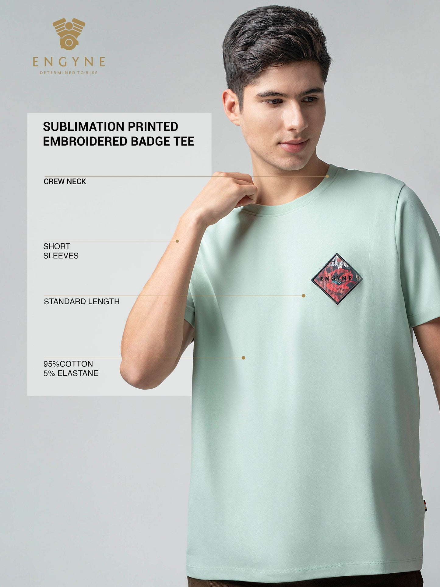 Rougen Cotton Lycra with Sublimation Print and Embroidered Badge Light Green T-shirt - ENGYNE