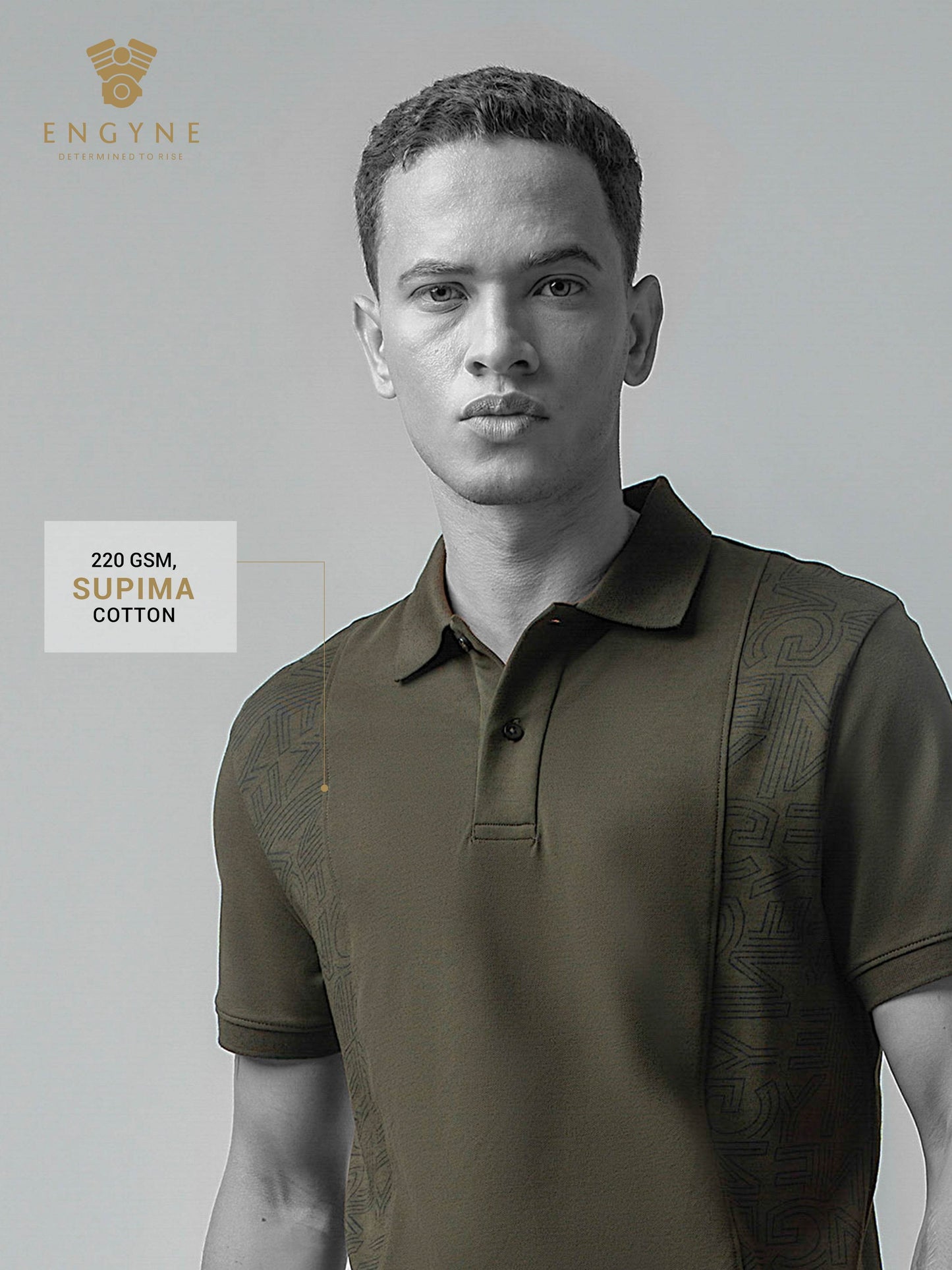 Supima Cotton Lycra with Pigment Panel Print and Cut-and-Sew Olive Polo - ENGYNE