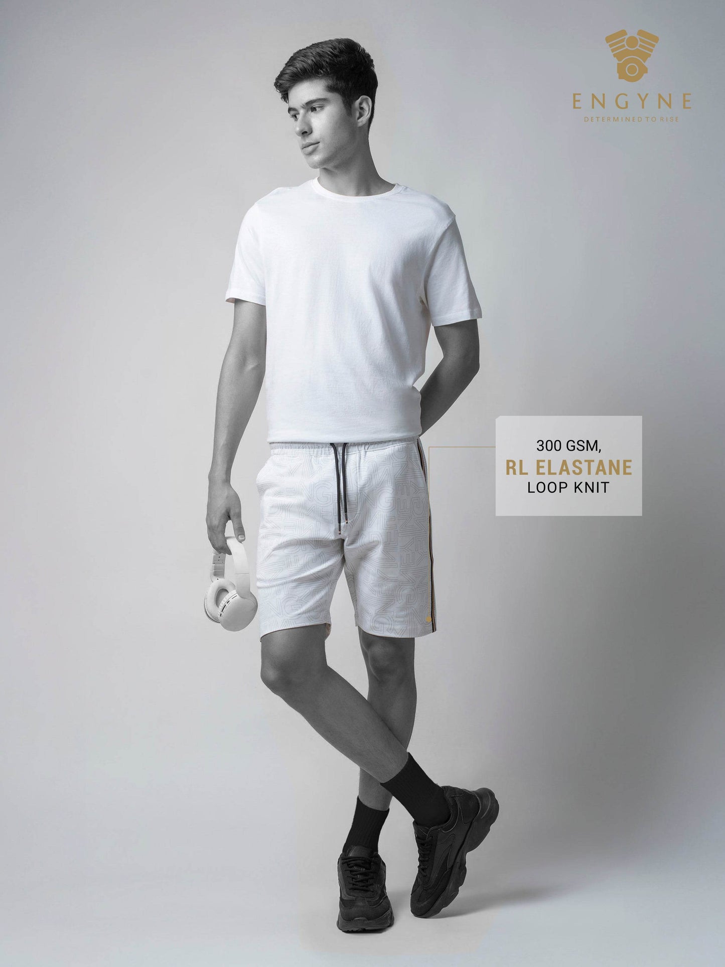 Rougen Cotton Elastane Loop Knit Shorts with All-Over Discharge Print White - ENGYNE
