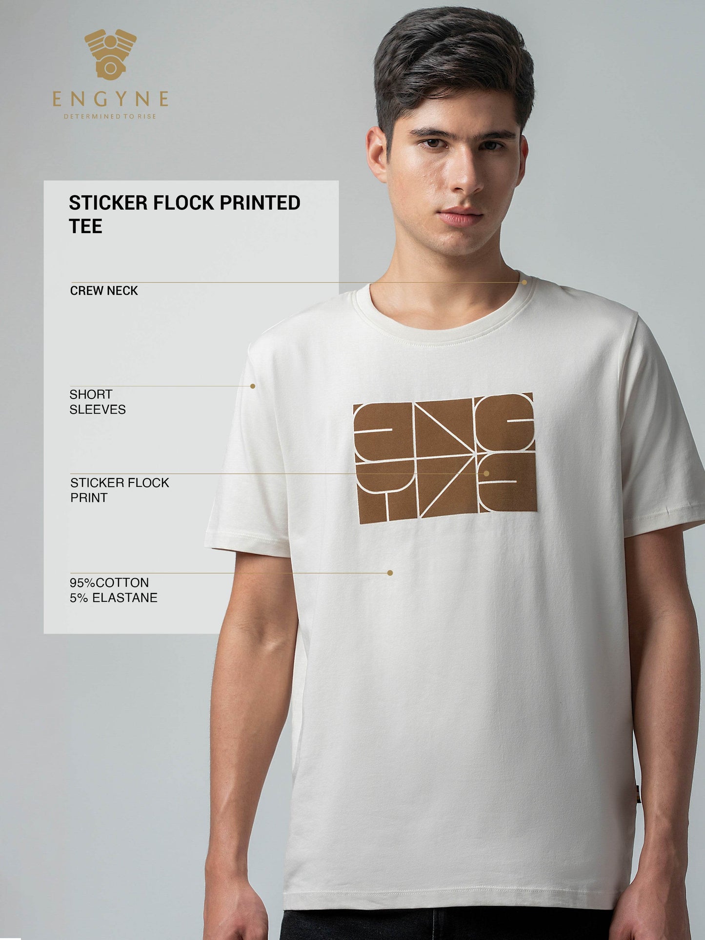 Rougen Cotton Lycra with Sticker Flock Print Beige T-shirt - ENGYNE
