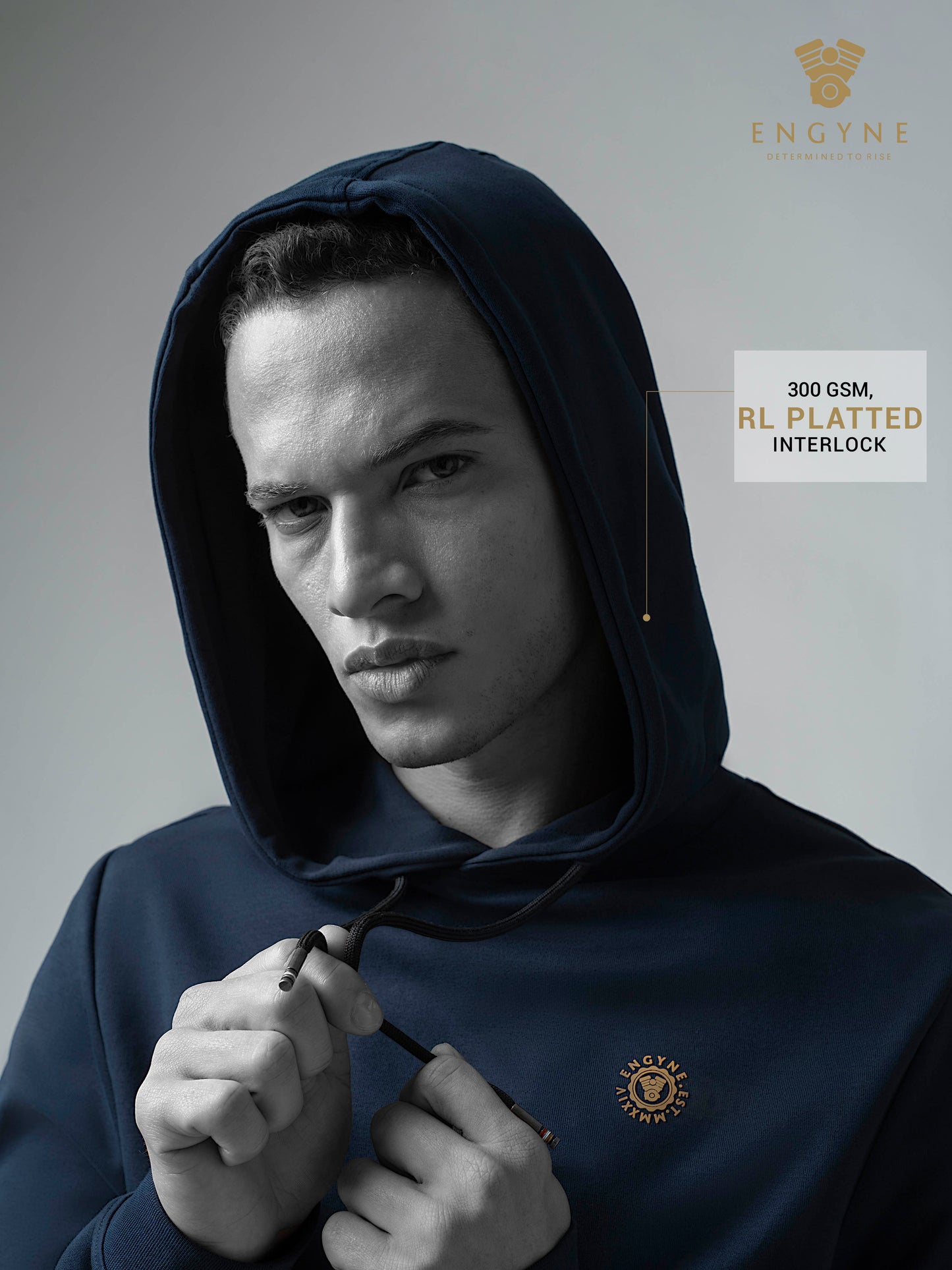 Navy Blue Hooded Sweatshirt with Contrast HD Print for Men