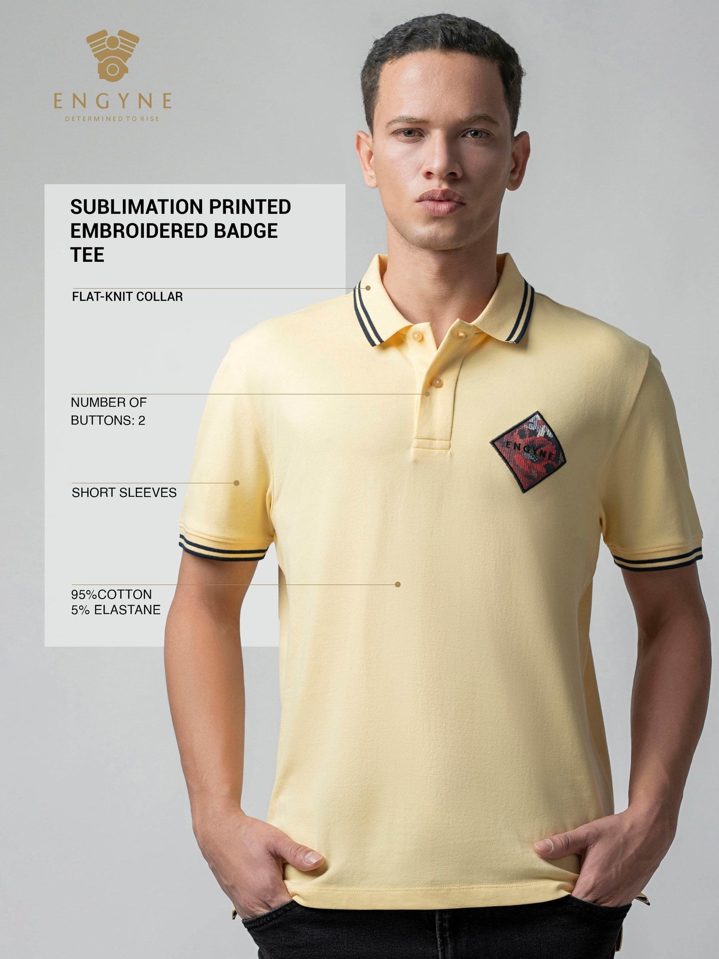 Supima Cotton Lycra with Sublimation-Printed Embroidered Badge Light Yellow Polo - ENGYNE