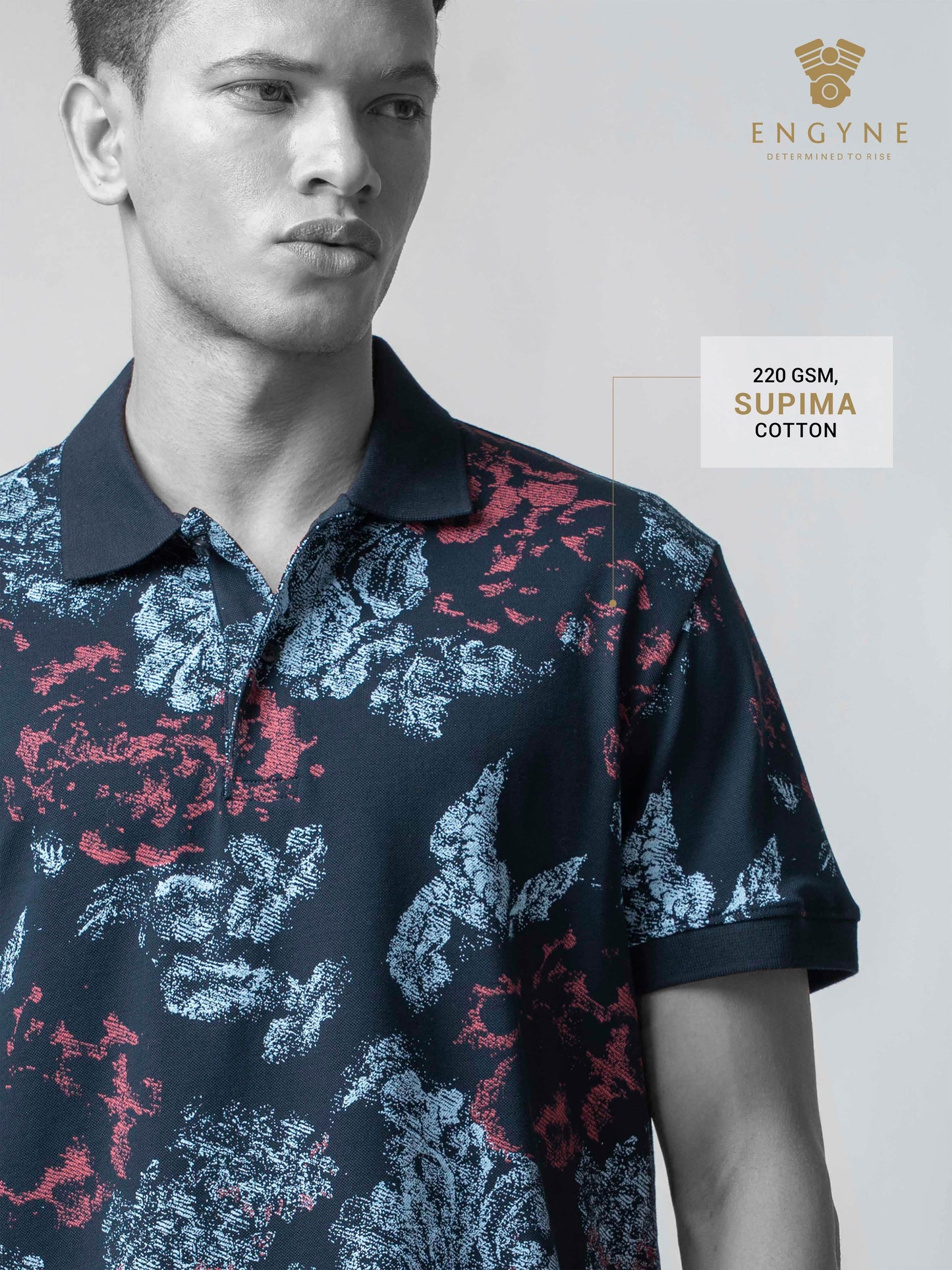 Supima Cotton Lycra with Rotary All-Over Print and DTM Collar Navy Polo - ENGYNE