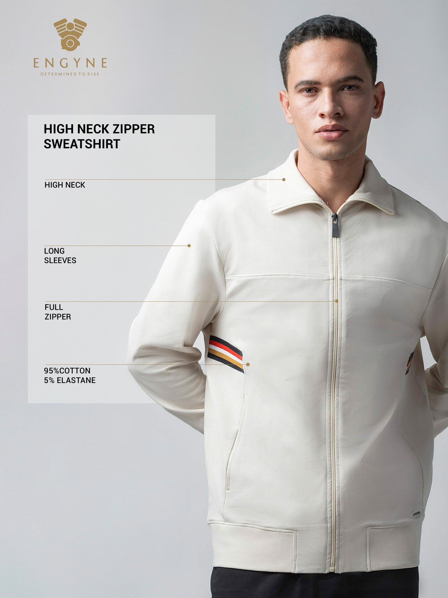 Beige Zipper Sweat Shirt For Men with 4-Color Flag Tape