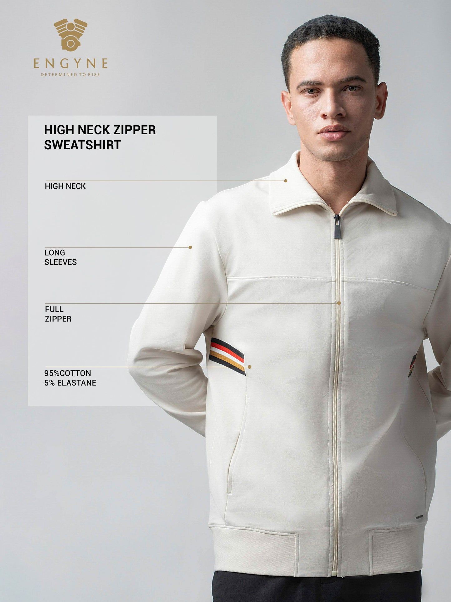 High Neck Zipper Sweatshirt with 4-Color Flag Tape and Contrast-Tipped Cuffs Beige - ENGYNE