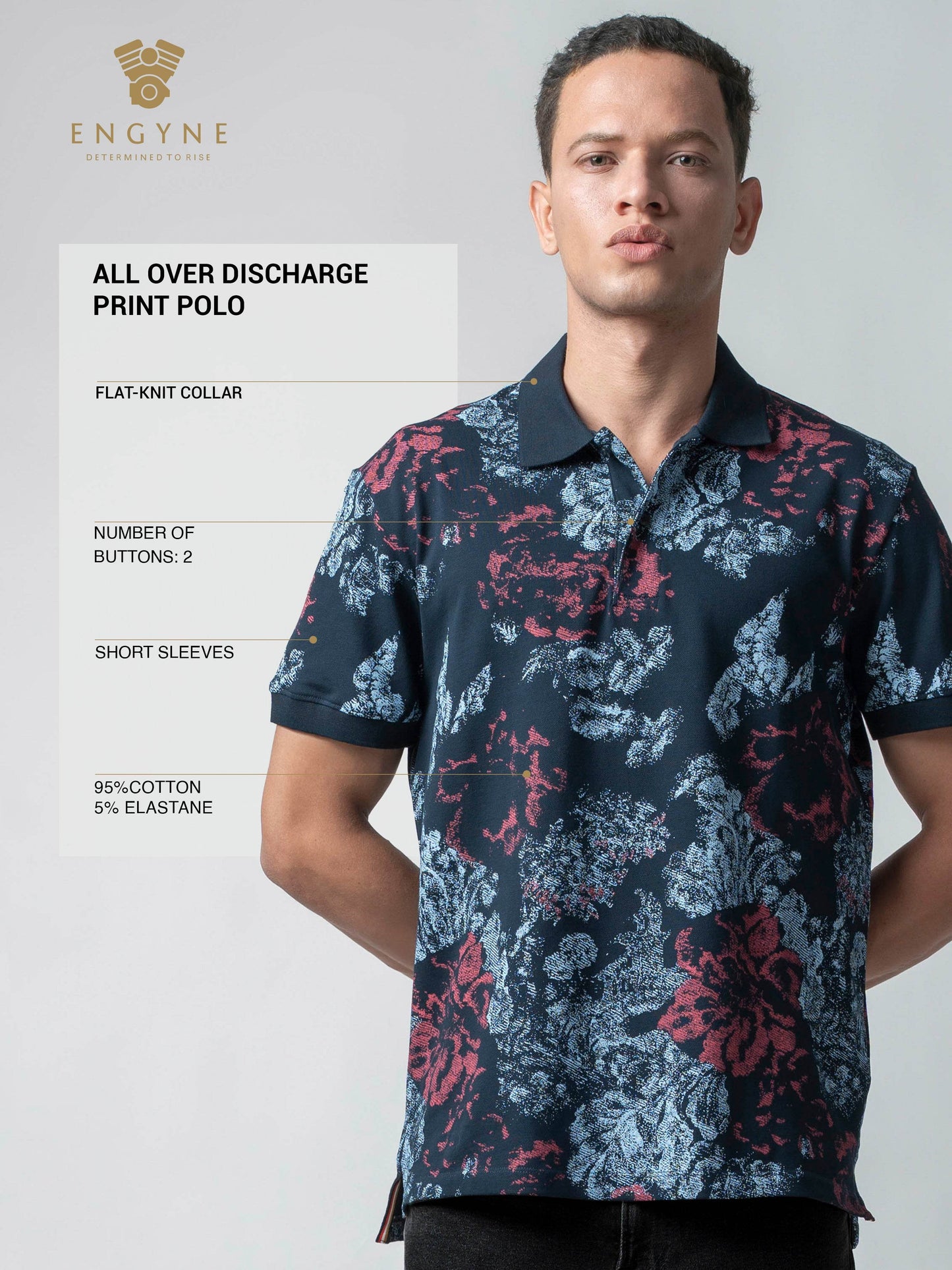 Supima Cotton Lycra with Rotary All-Over Print and DTM Collar Navy Polo - ENGYNE
