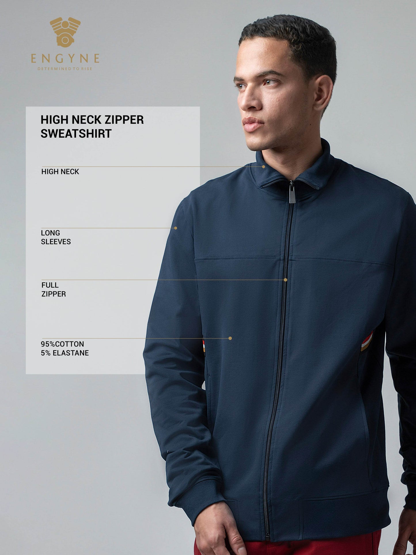 Neck Zipper Sweatshirt with 4-Color Flag Tape and Contrast-Tipped Cuffs Navy - ENGYNE