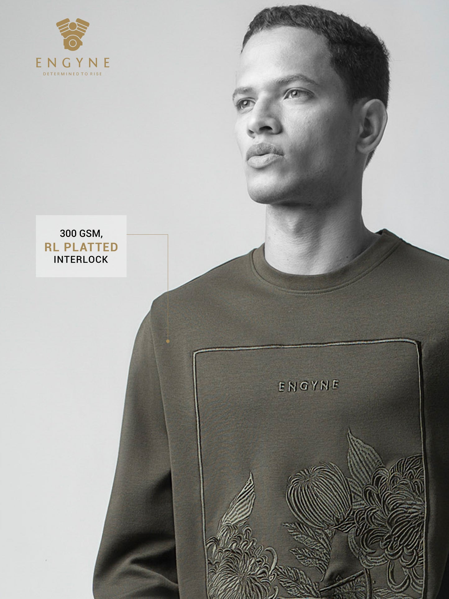 Olive Green Sweatshirt with Floral Chest Embroidery for Men