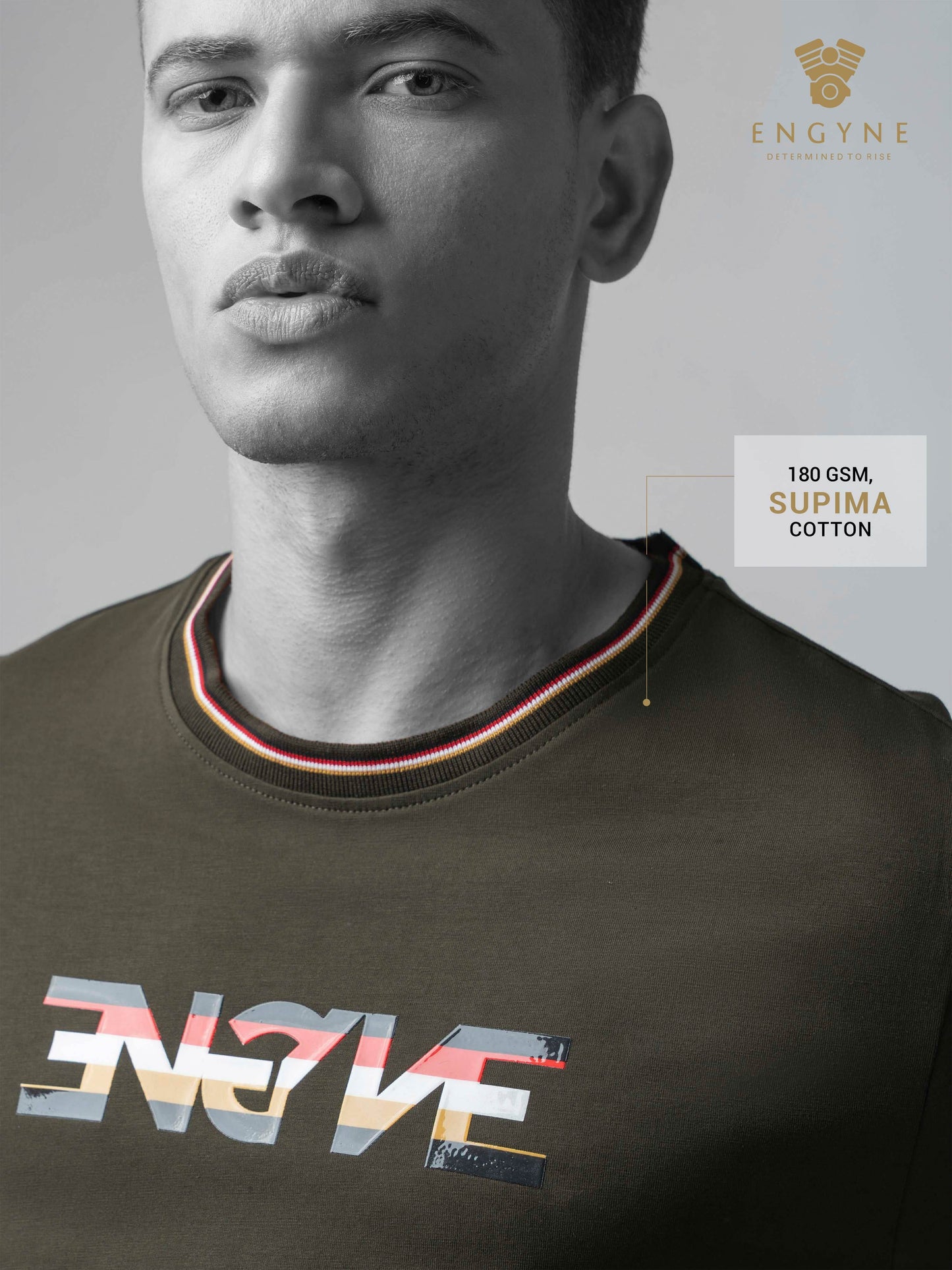Supima Cotton Lycra with Non-PVC Engyne Stripe Sticker Print Olive T-shirt - ENGYNE