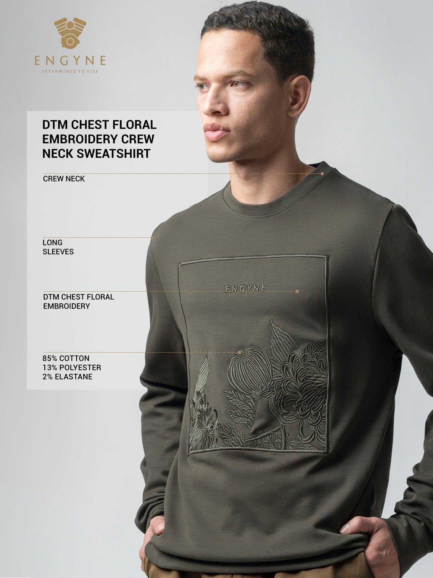 Olive Green Sweatshirt with Floral Chest Embroidery for Men