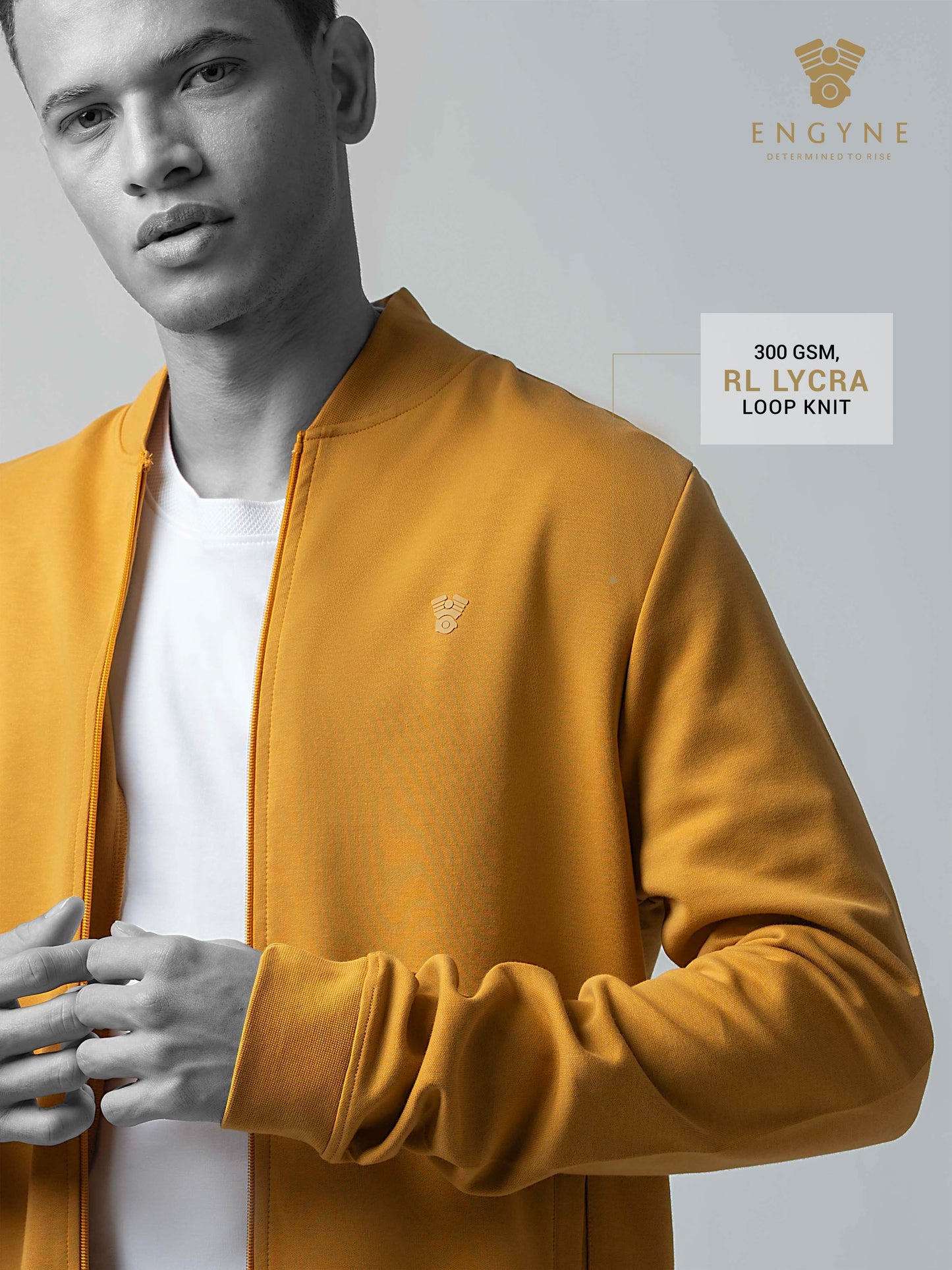 Full Zip Baseball Collar Sweatshirt with Tonal HD Iconic Emblem Logo Mustard Gold - ENGYNE