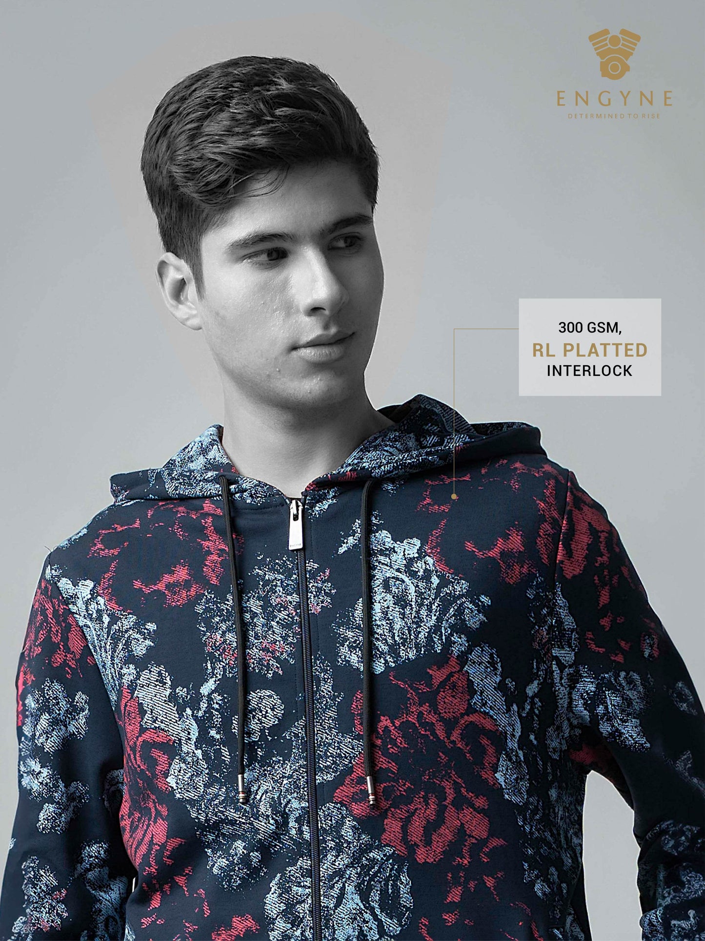 Hooded Zipper Sweatshirt with All-Over Discharge Rotary Print Navy - ENGYNE