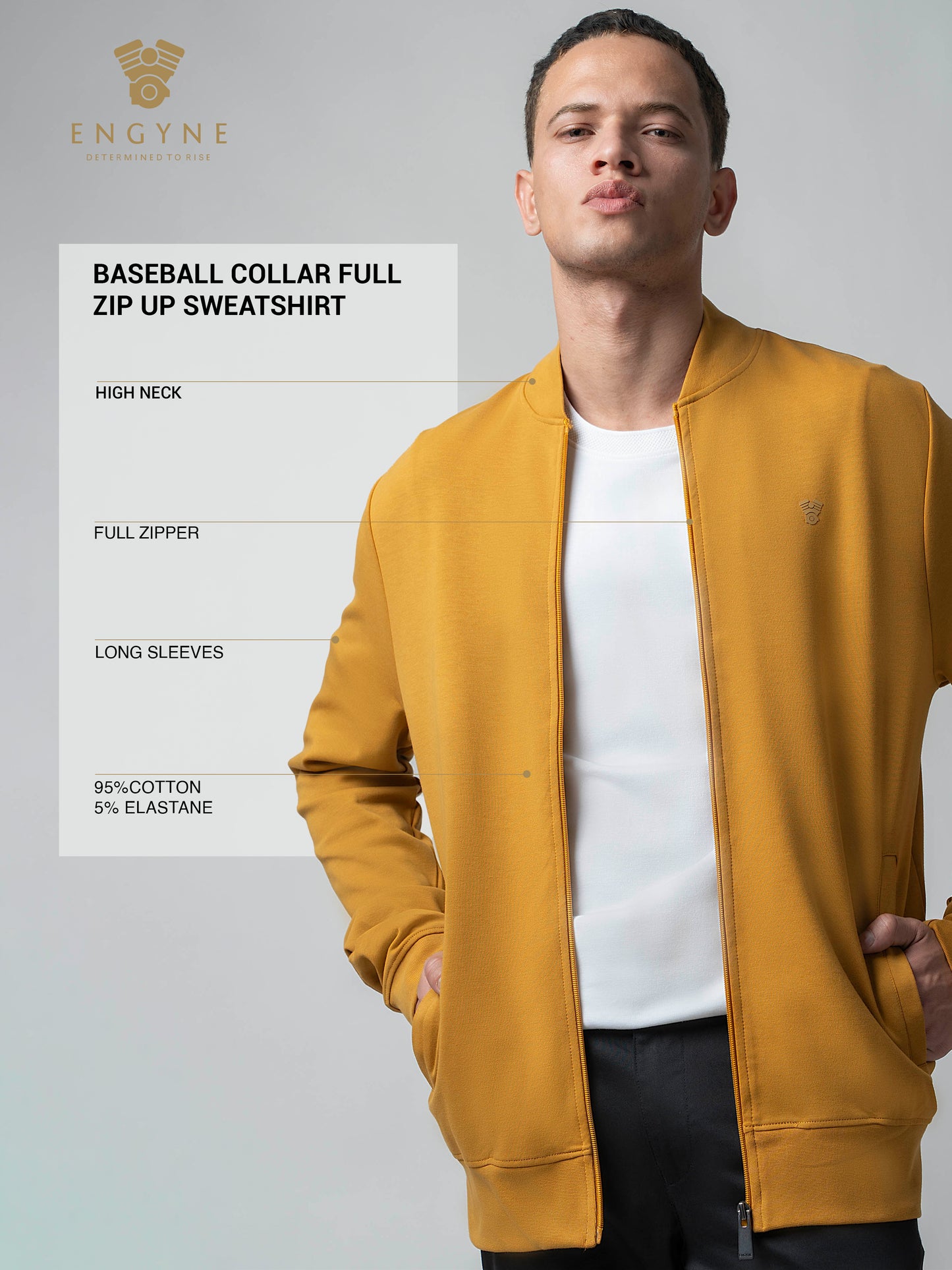 Mustard Gold Baseball Collar Mens Zip Up Sweatshirts