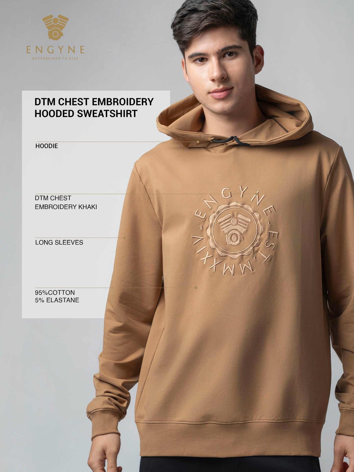 Rougen Cotton Elastane Loop Knit Hooded Sweatshirt with DTM Chest Embroidery Khaki - ENGYNE