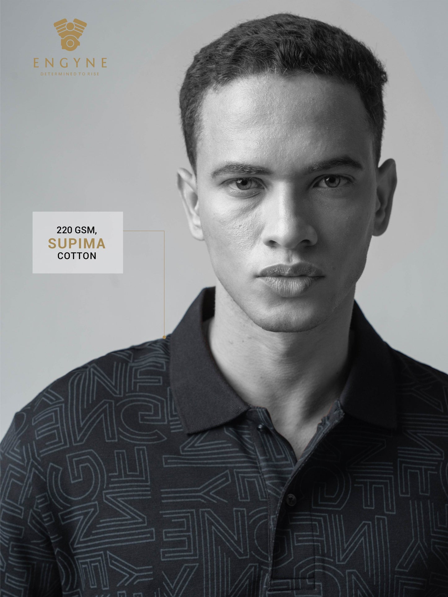 Supima Cotton Lycra with All-Over Print and DTM Collar Black Polo - ENGYNE