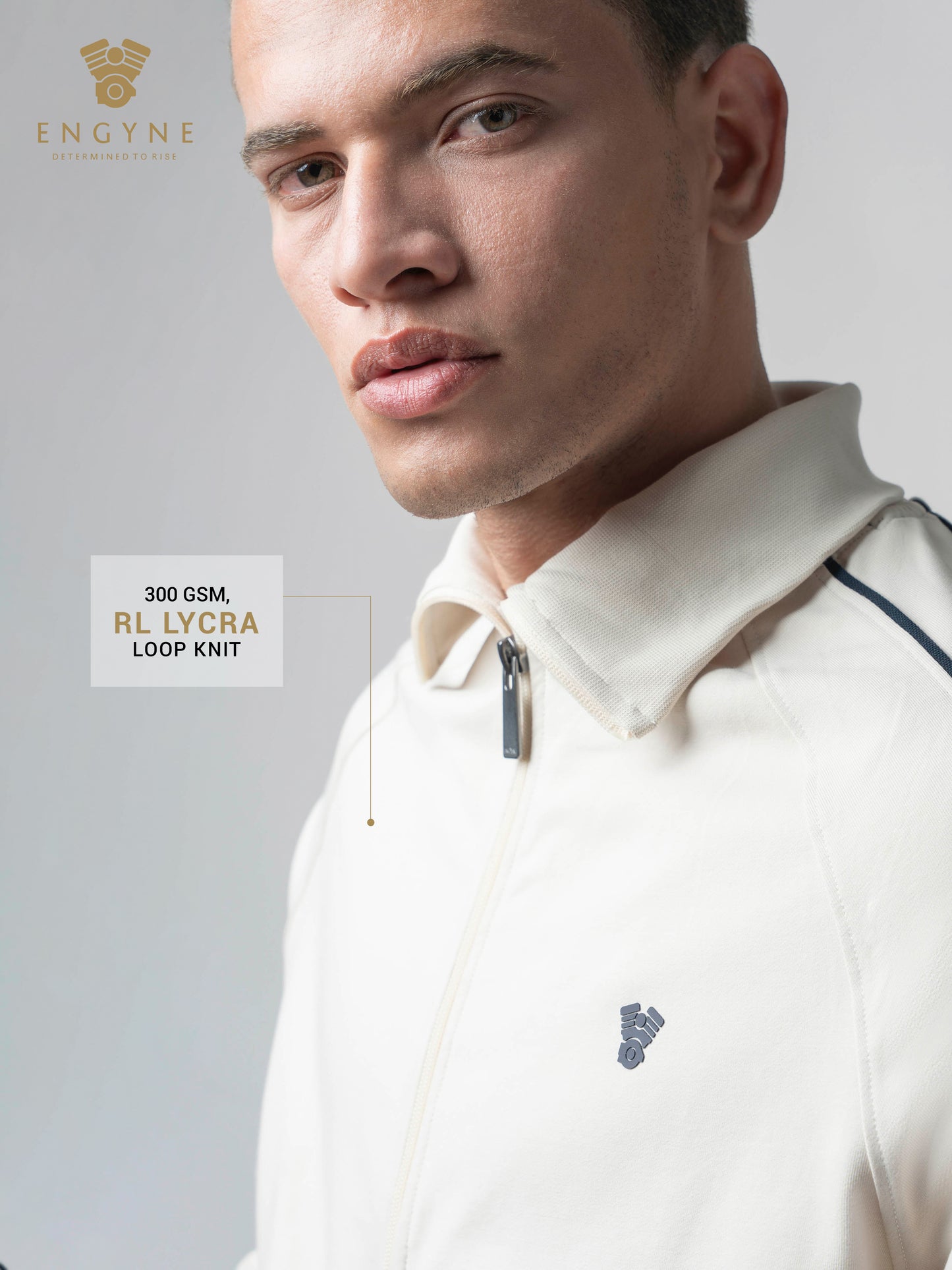 High Neck Zipper Beige Sweatshirt with Contrast Piping for Men