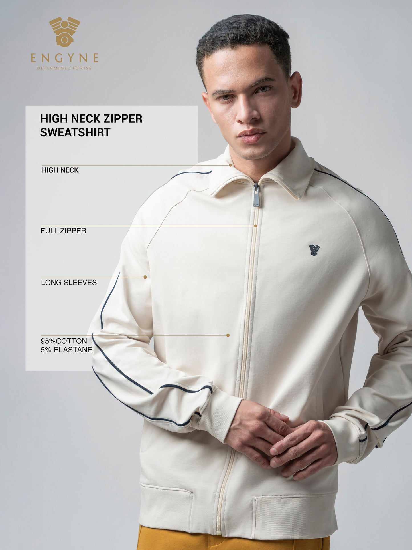 High Neck Zipper Beige Sweatshirt with Contrast Piping for Men