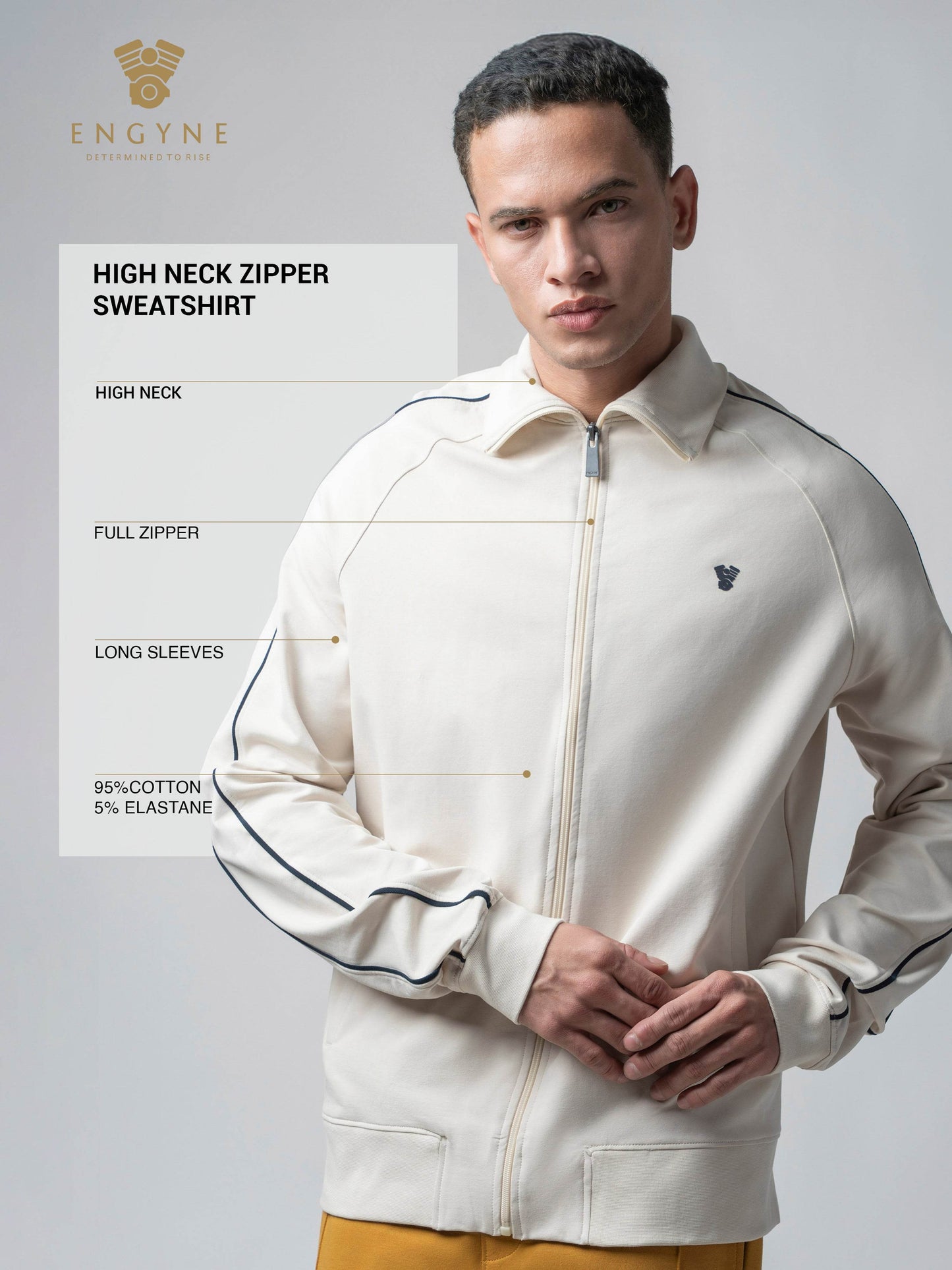 High Neck Zipper Sweatshirt with Cut-and-Sew Design and Contrast Corded Piping Beige - ENGYNE