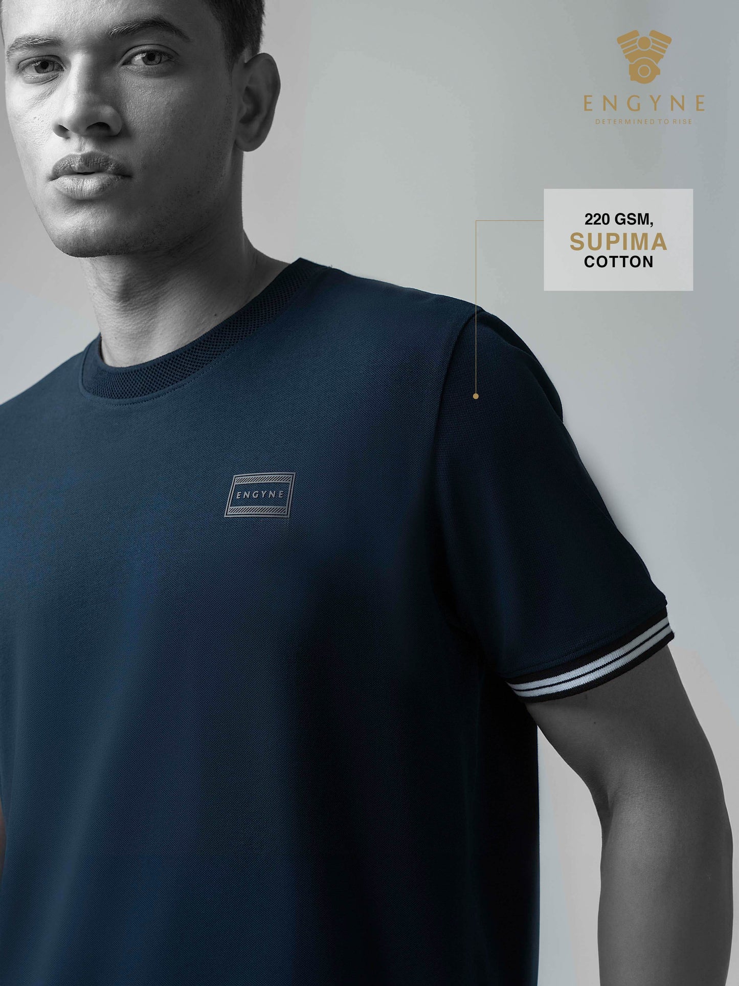 Supima Cotton Lycra Piqué with Enhanced Neck Rib and Flat-Knit Cuffs Navy T-shirt - ENGYNE
