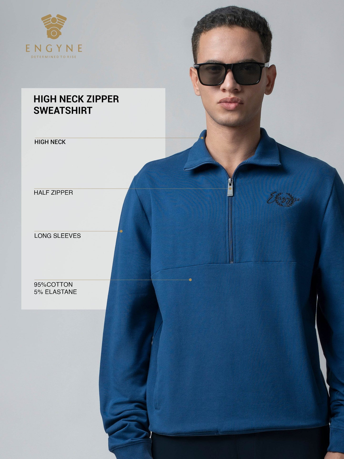 Half-Zip High Neck Sweatshirt with Contrast Tipped Cuffs and Silicon HD Chest Print Dark Blue - ENGYNE