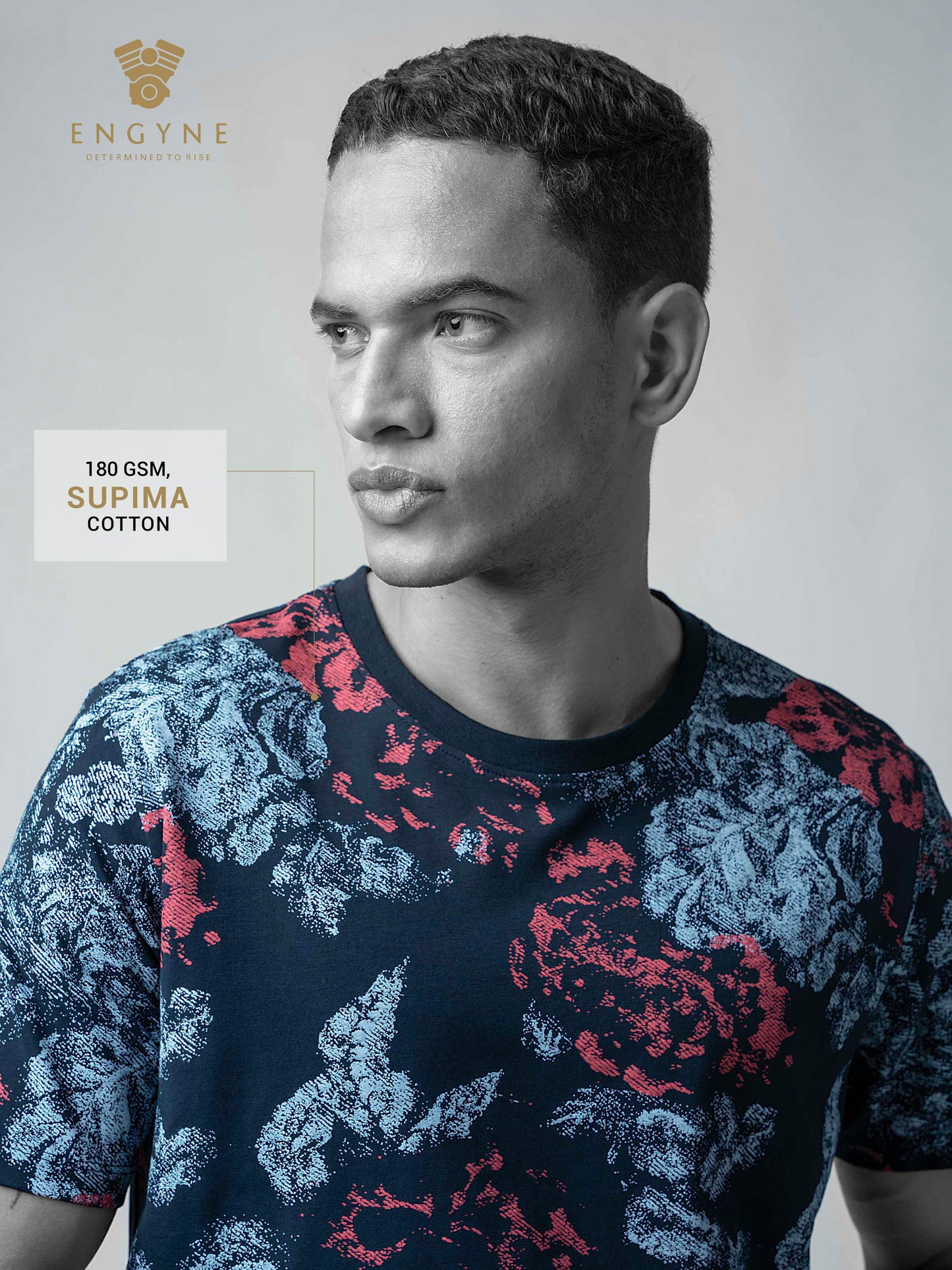 Supima Cotton Lycra with Rotary All-Over Print Navy T-shirt - ENGYNE