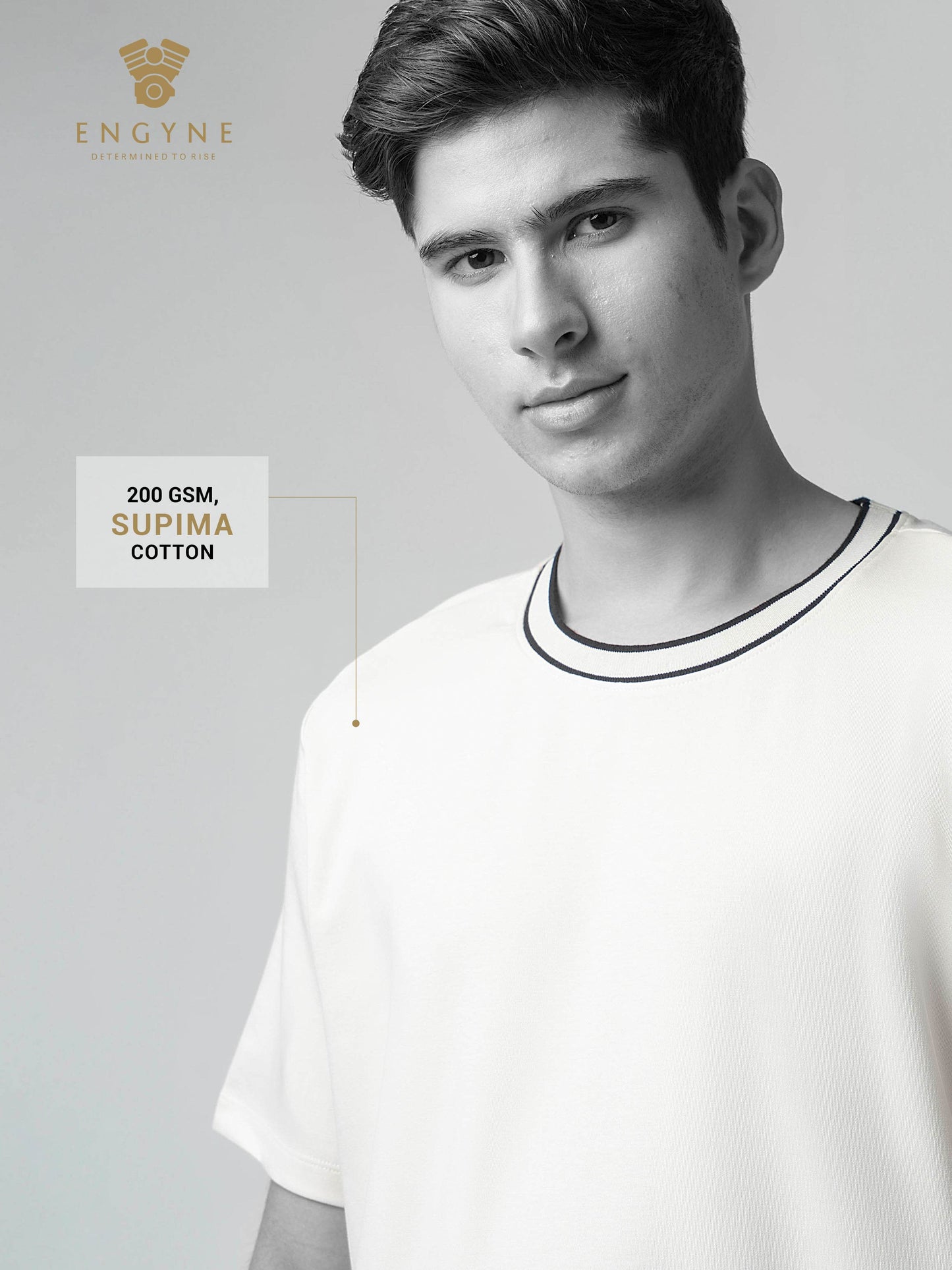 Supima Cotton Lycra Interlock with Flat-Knit Neck Rib and HD Branding Beige T-shirt - ENGYNE
