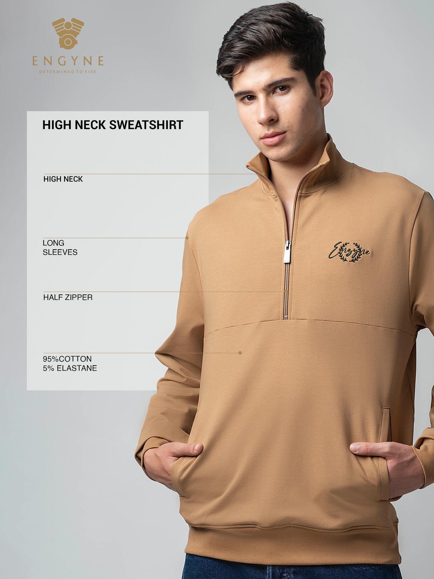 Khaki Half Zip Sweatshirt with Silicon HD Chest Print