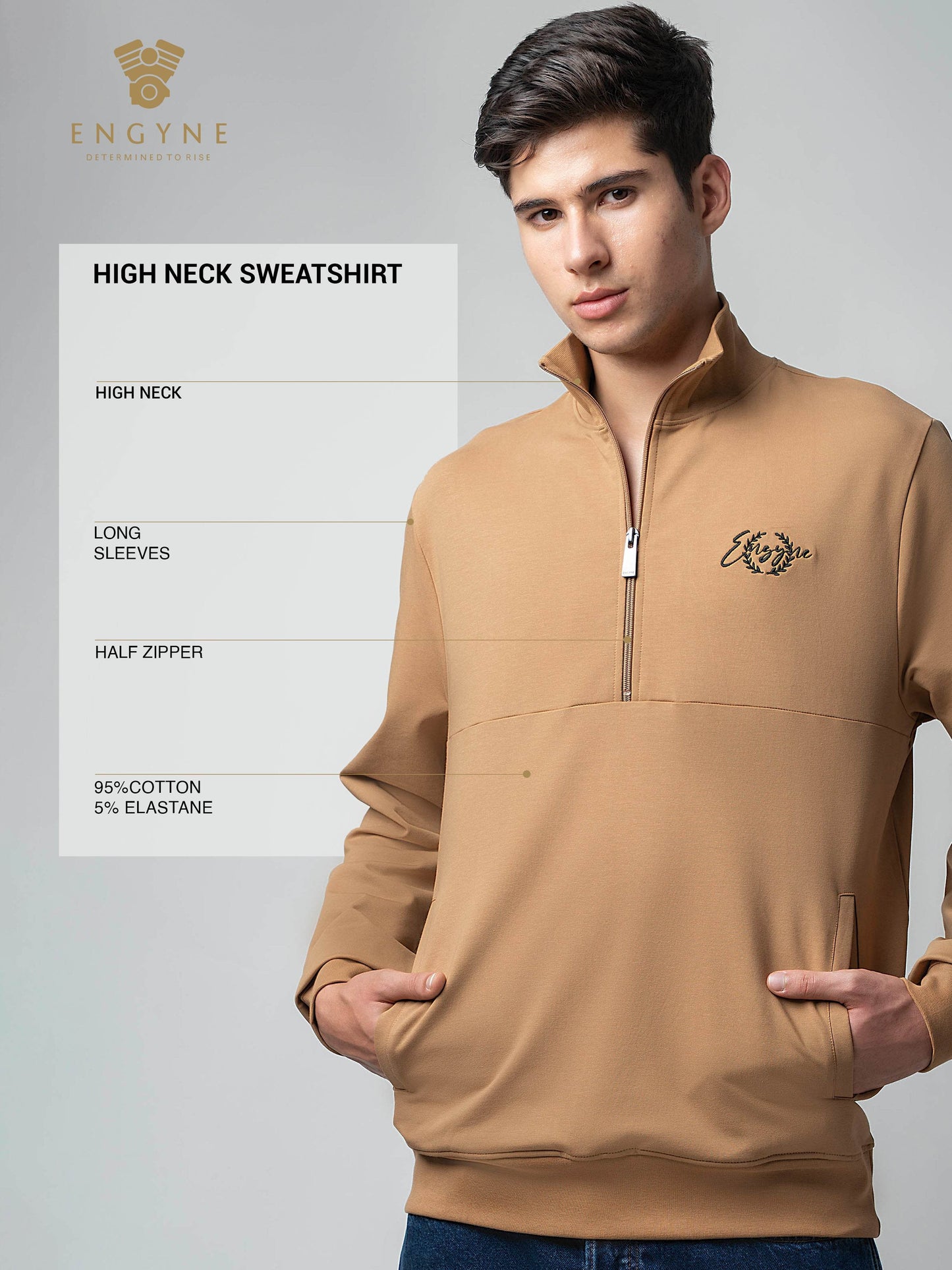 Half-Zip High Neck Sweatshirt with Contrast Tipped Cuffs and Silicon HD Chest Print Khaki - ENGYNE