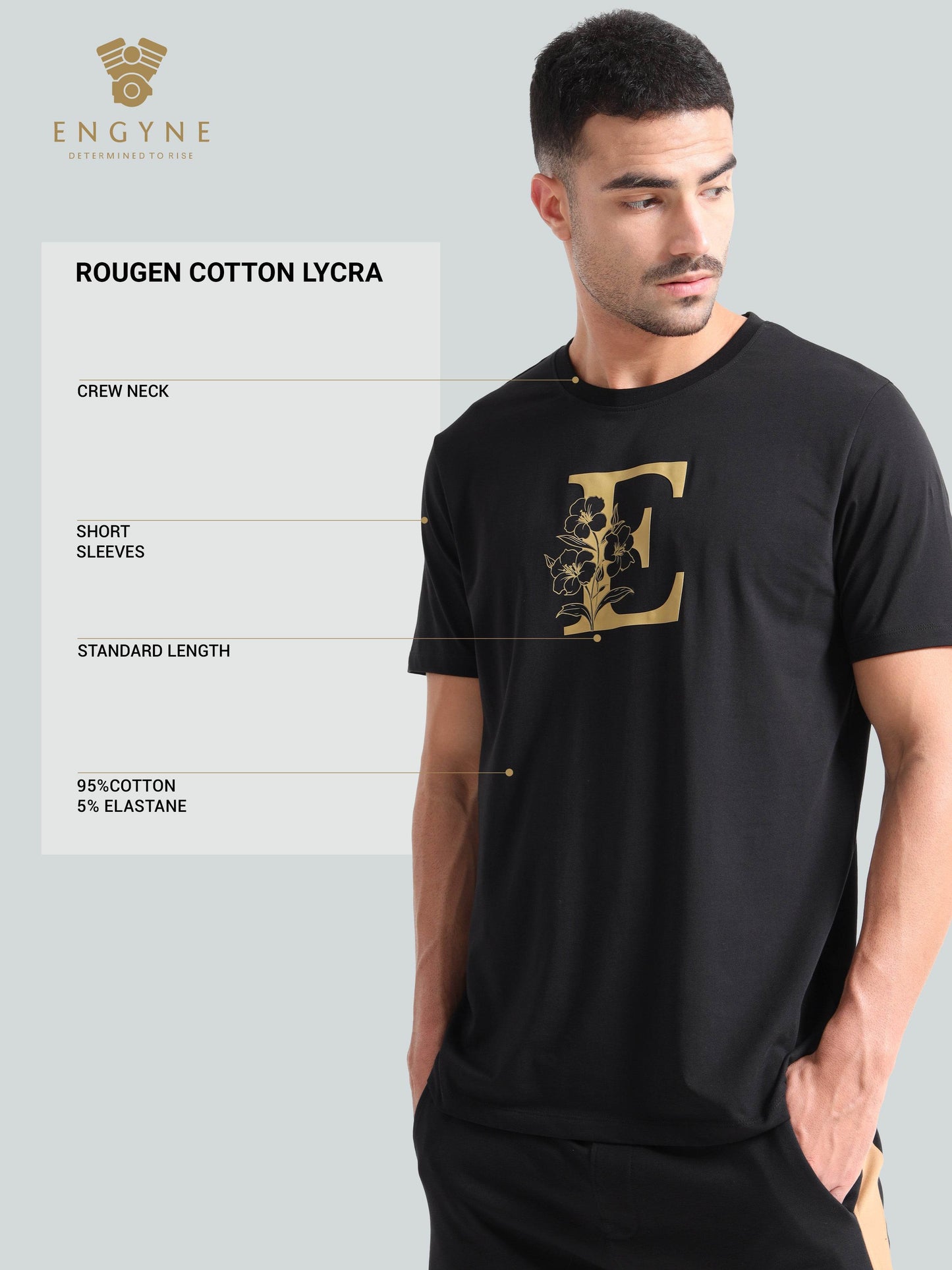 Regular -fit Engyne Rougen Cotton Lycra Tee with Silicon HD Sticker Print Black - ENGYNE
