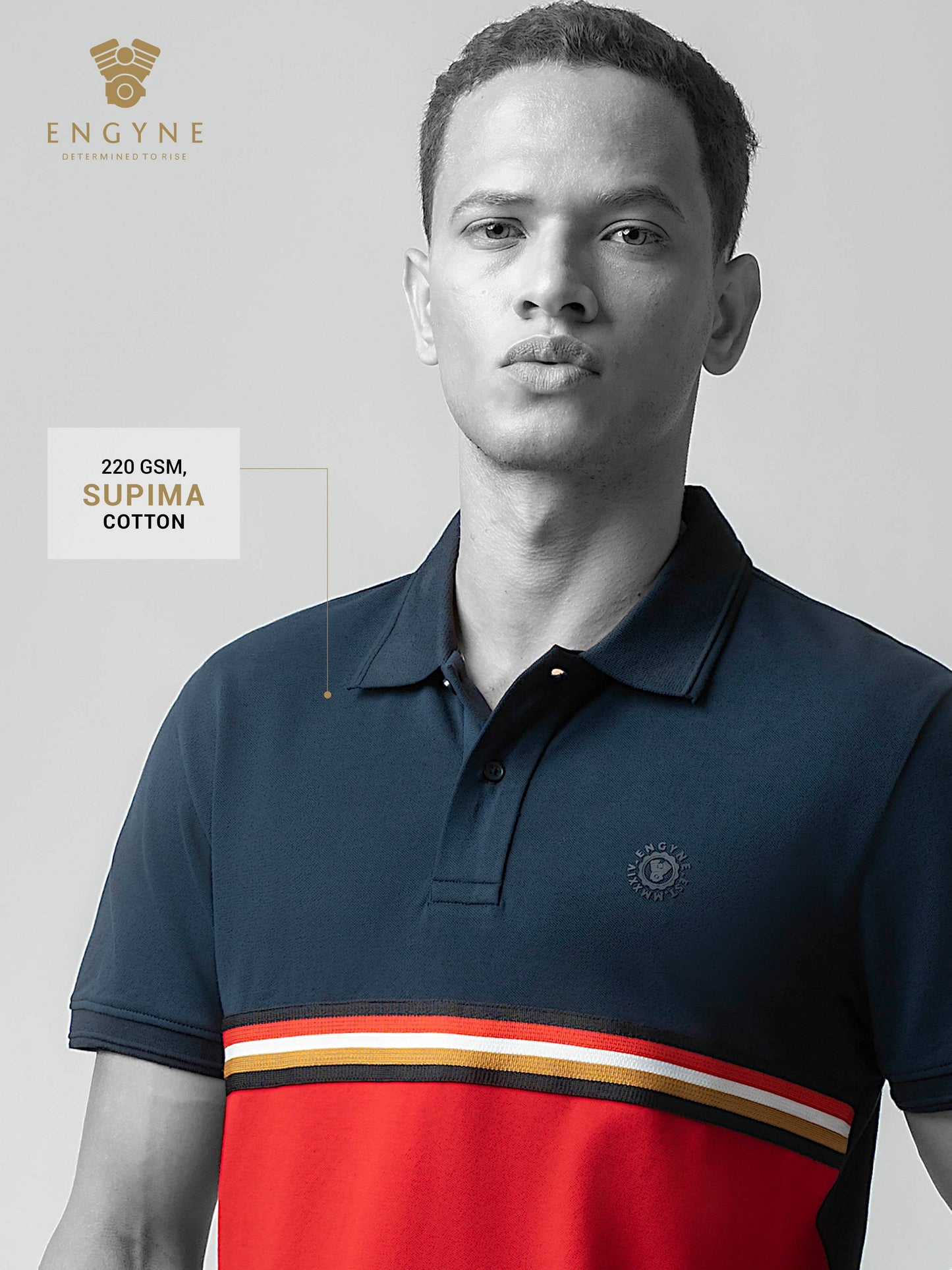 Supima Cotton Lycra Cut-and-Sew with Speed-Breaker Textured Collar and Cuffs Navy Polo - ENGYNE