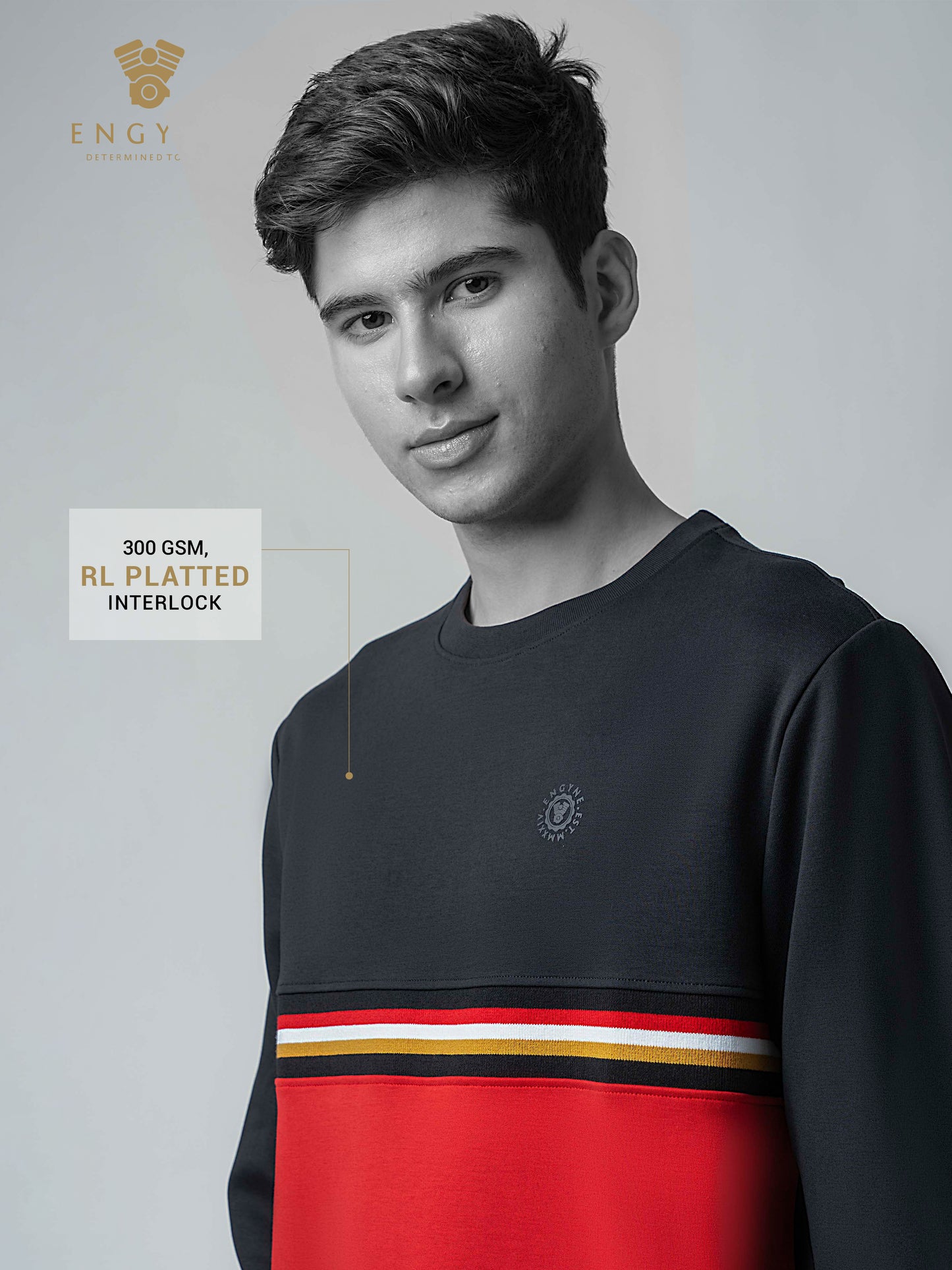 Crew Neck Two-Tone Red Sweatshirt with 4-Color Chest Rib for men