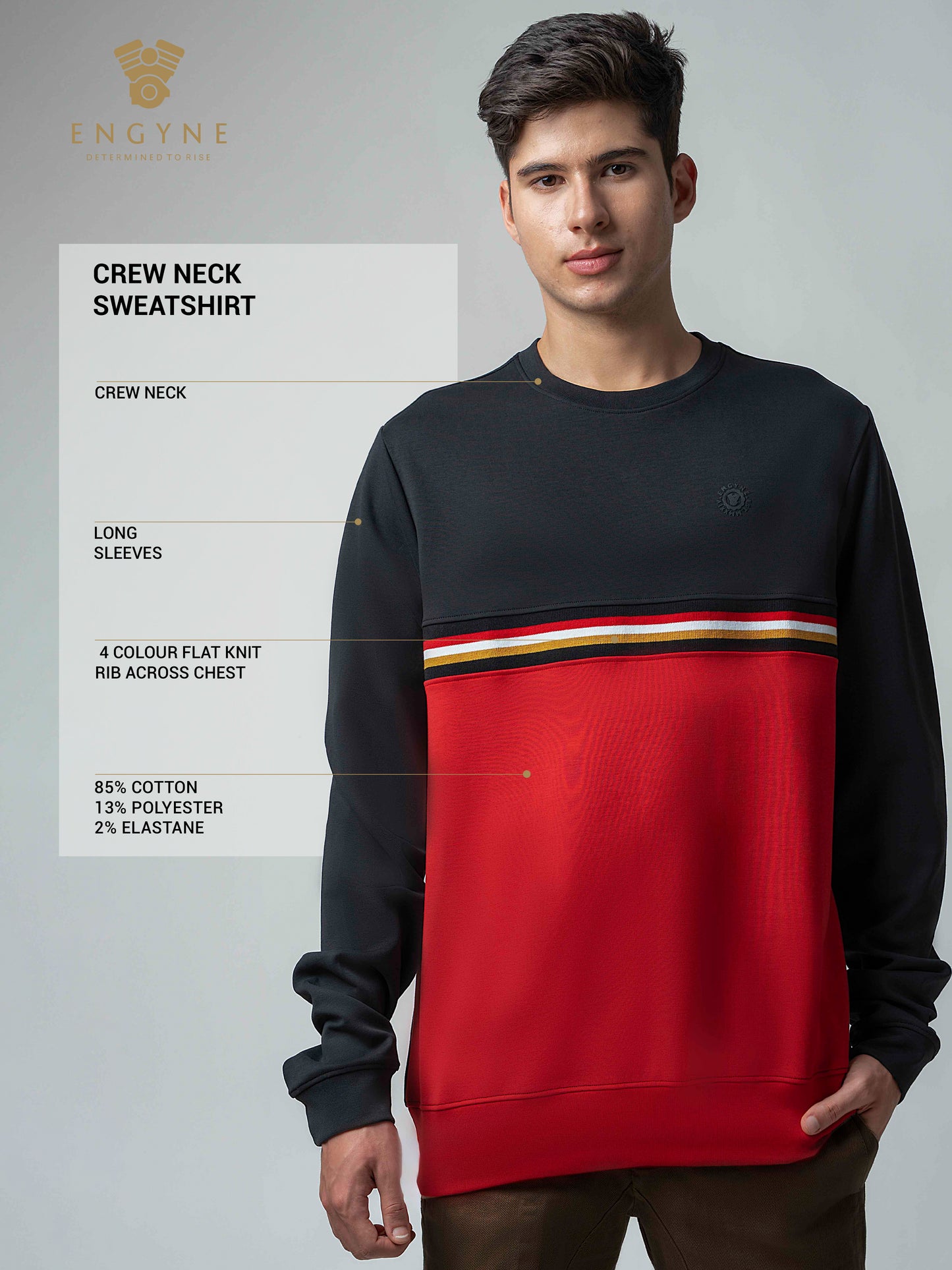 Crew Neck Two-Tone Red Sweatshirt with 4-Color Chest Rib for men