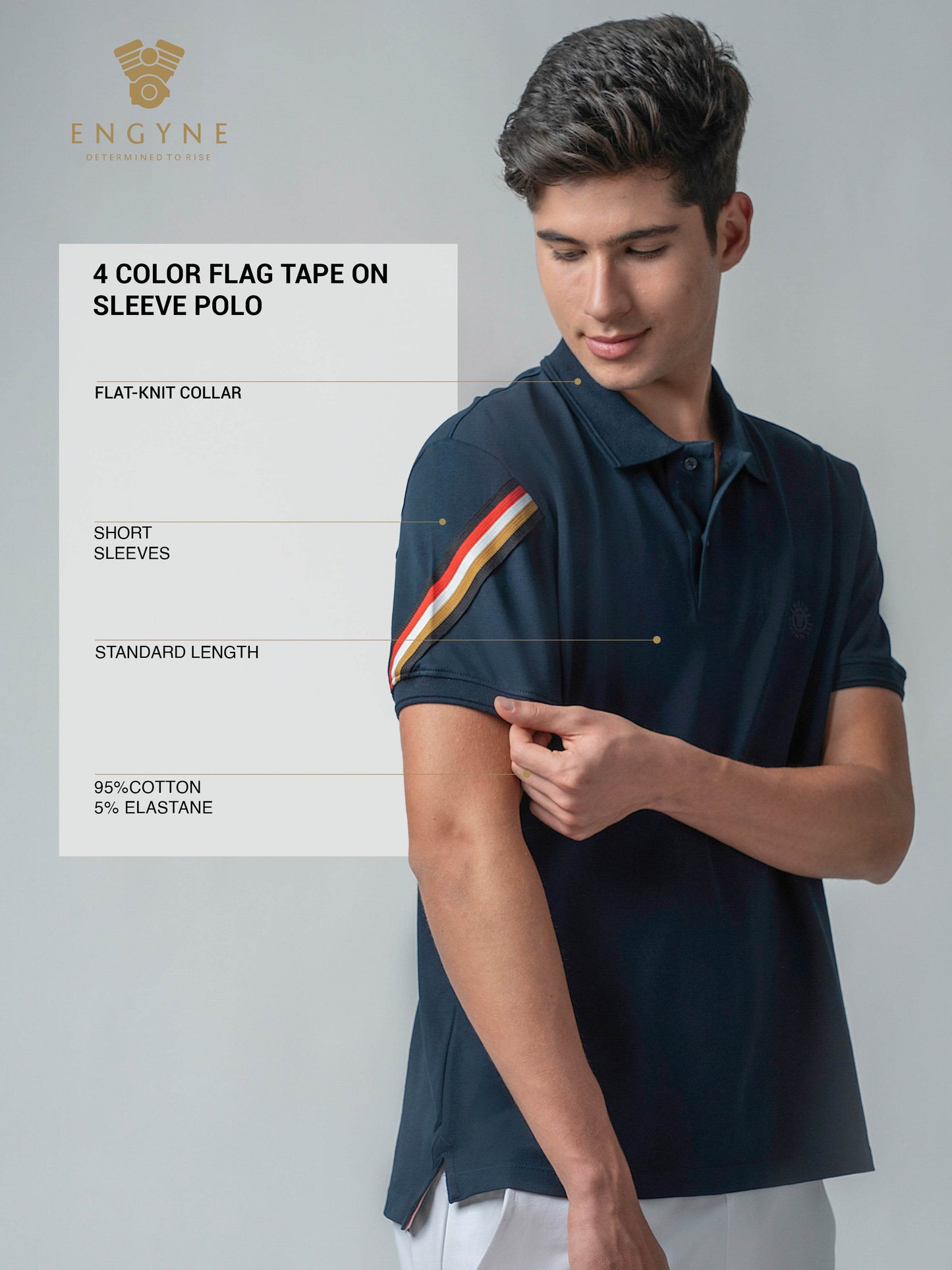 Rougen Cotton Lycra with Engyne Signature Flag Tape Sleeve and Speed-Breaker Textured Collar Navy Polo - ENGYNE