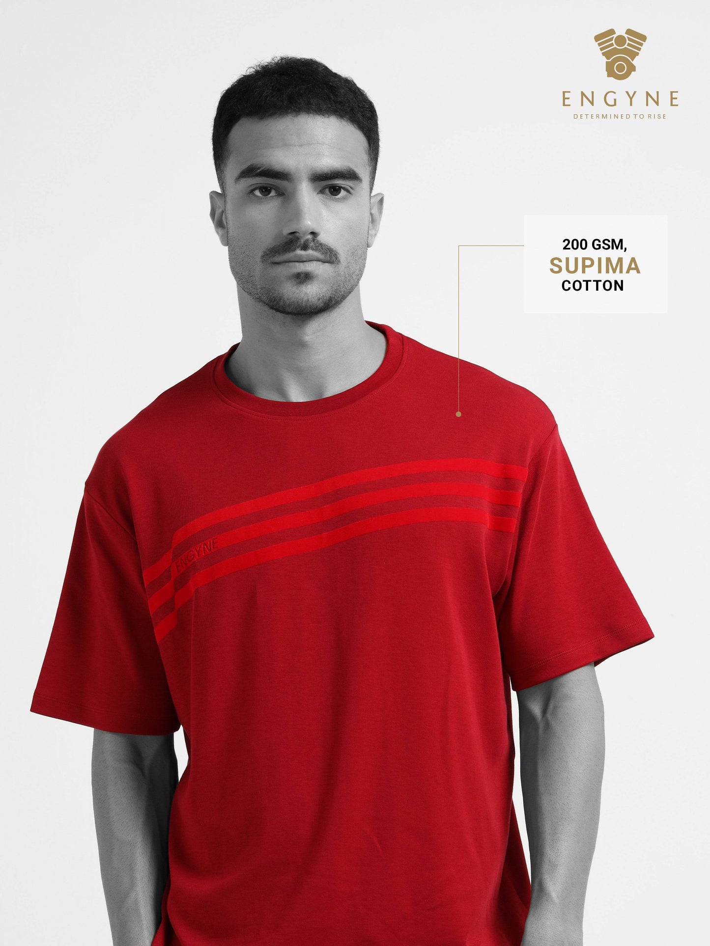 Engyne Oversize Flock Stripe Print T-Shirt in Supima Cotton Flag Waving Edition Dark Red - ENGYNE