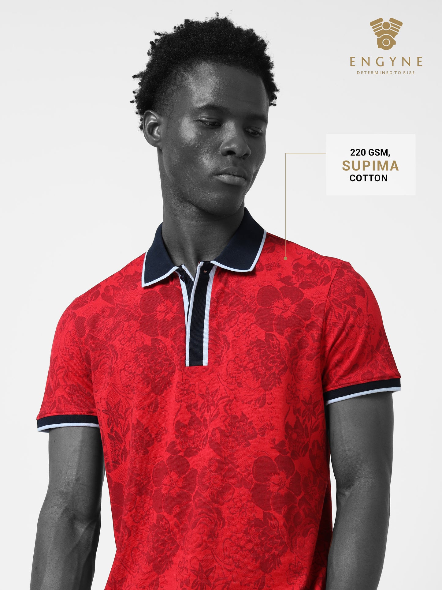 Supima Cotton Lycra with Engyne Special Tech Rotary Print and Contrast-Tipping Red Polo