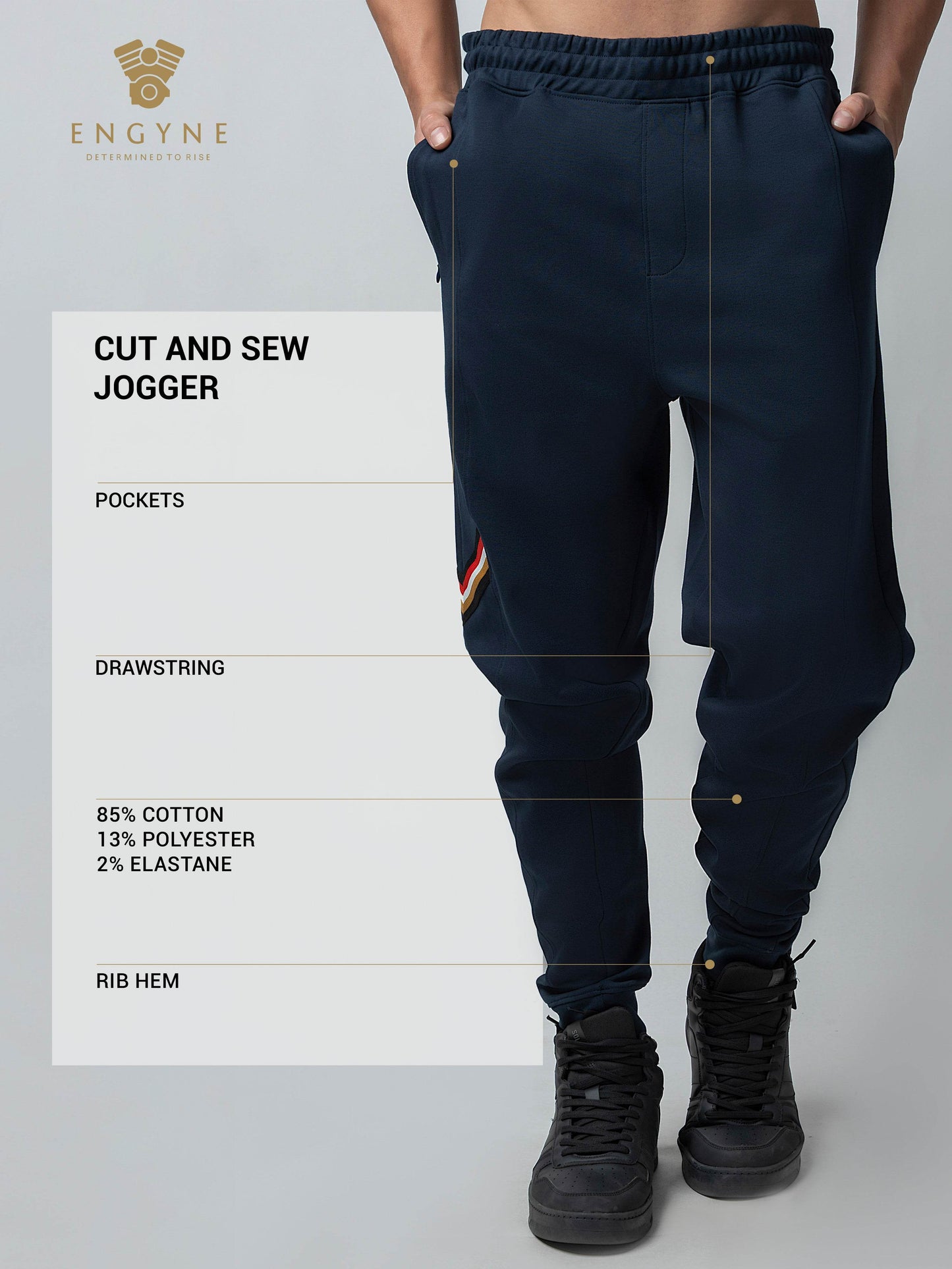 Rougen Cotton Poly Elastane Interlock Jogger with Cut-and-Sew Design and 4-Color Flag Tape Navy - ENGYNE