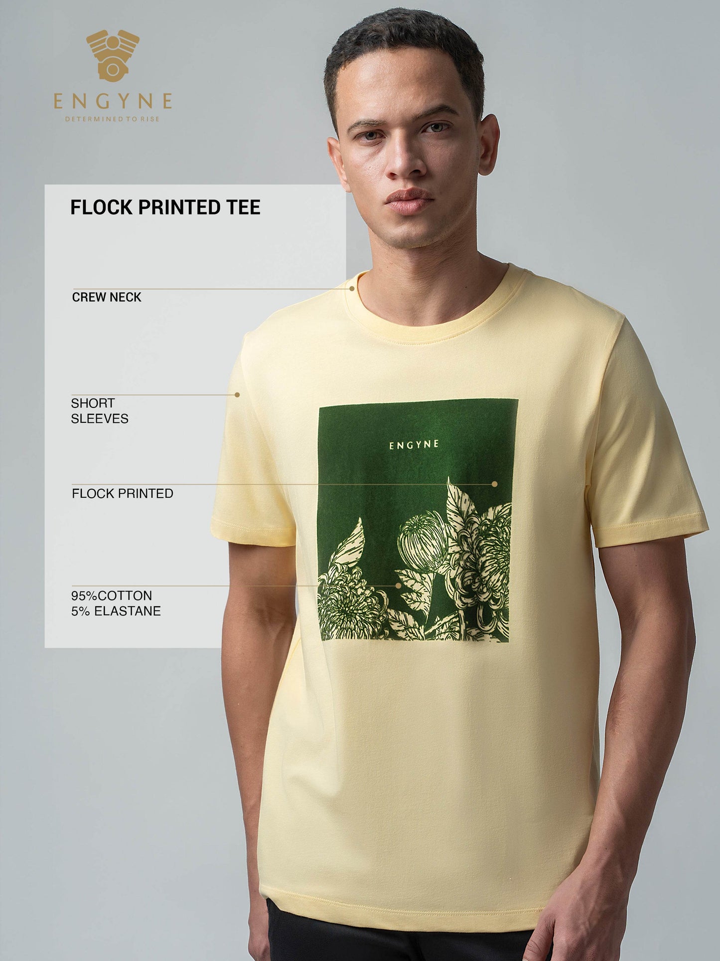 Rougen Cotton Lycra with Flock Print at Chest Light Yellow T-shirt - ENGYNE