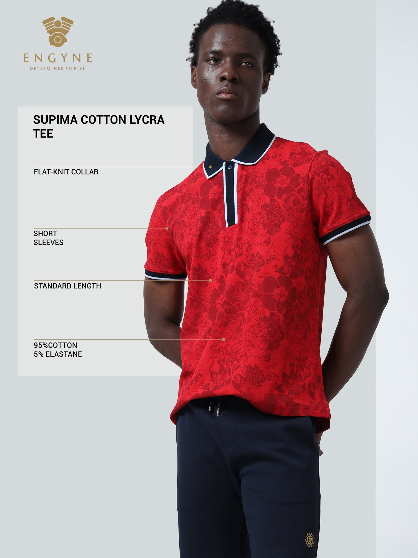 Supima Cotton Lycra with Engyne Special Tech Rotary Print and Contrast-Tipping Red Polo