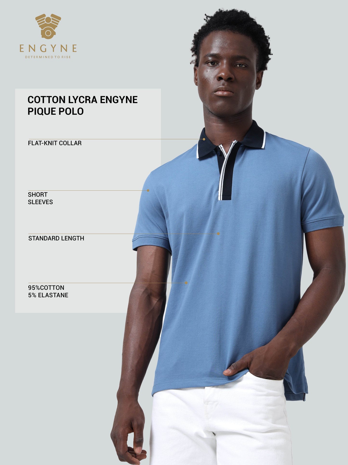 Rougen Cotton Lycra with Contrast Flat Knit Placket and Tipped Collar Gasoline Polo - ENGYNE