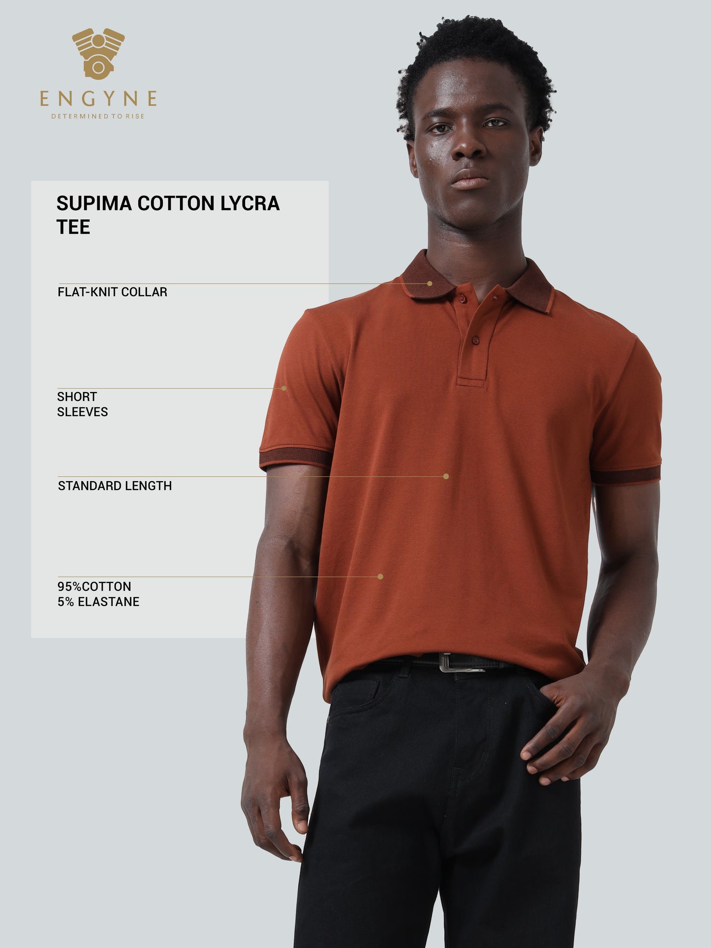 Engyne Essential Contrast Bird's-Eye Textured Collar and Cuff Tipping Brown Polo