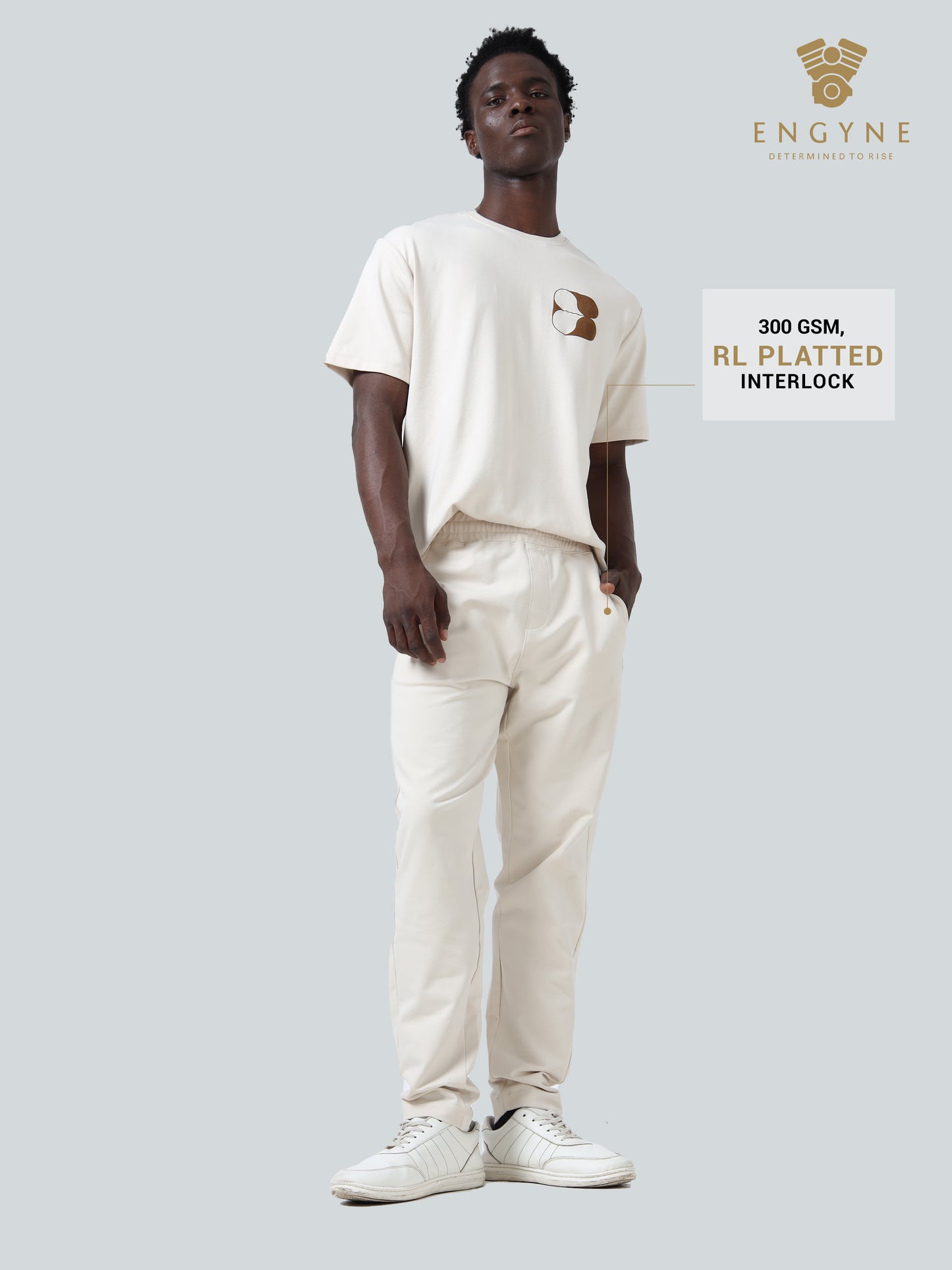 Regular-Fit Engyne Essential Trackpant with Contrast HD Print in Rougen Cotton Poly Elastane Interlock Beige