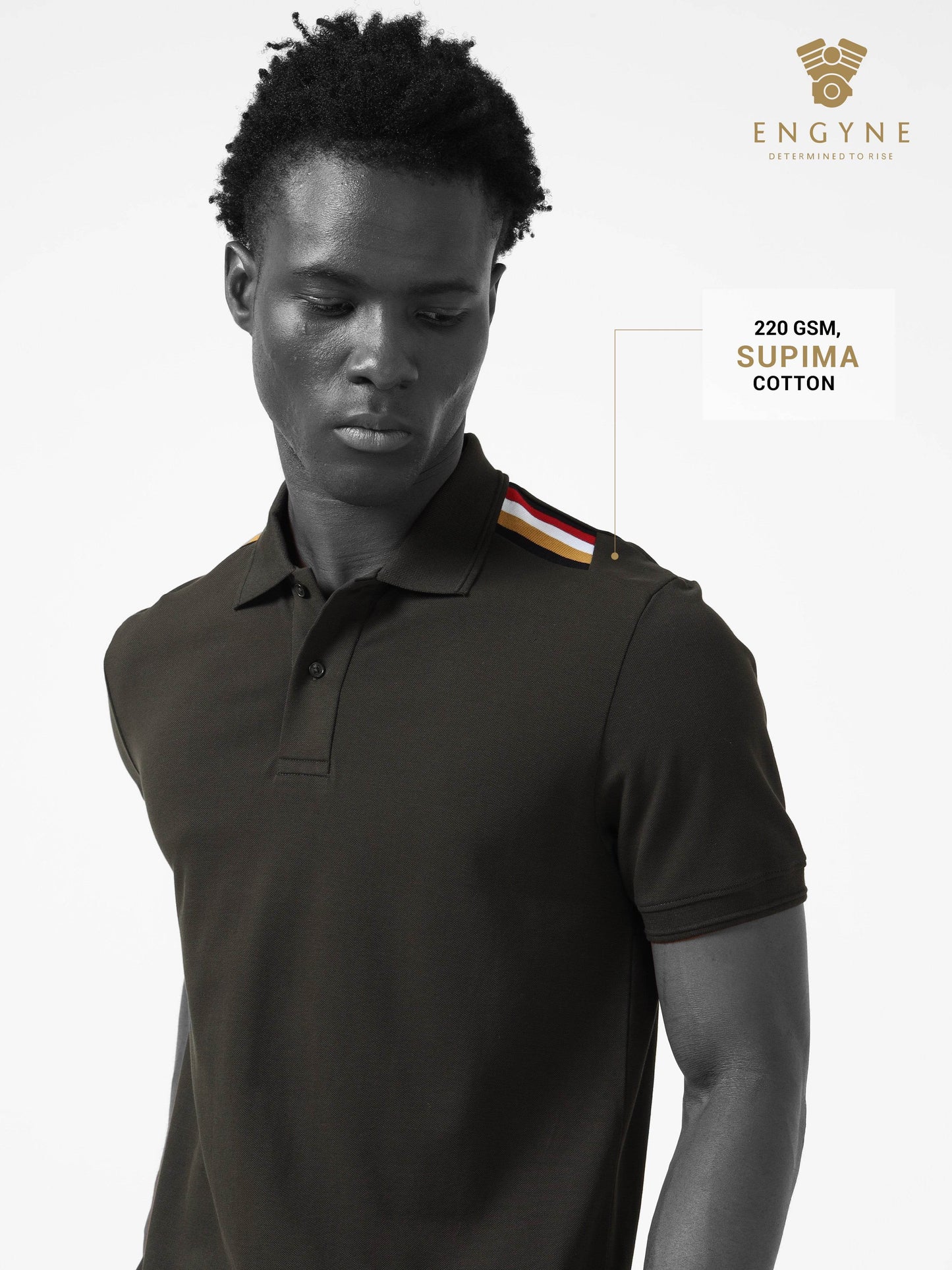 Supima Cotton Engyne Signature Four-Color Flag Rib Shoulder and Speed-Breaker Textured Collar Olive Polo - ENGYNE