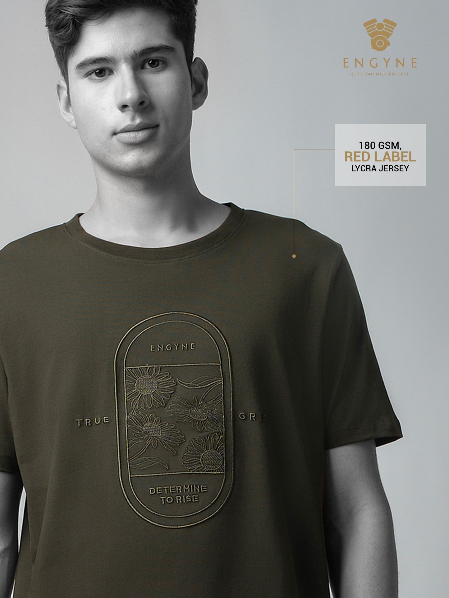 Rougen Cotton Lycra with Floral Placement Embroidery Olive T-shirt