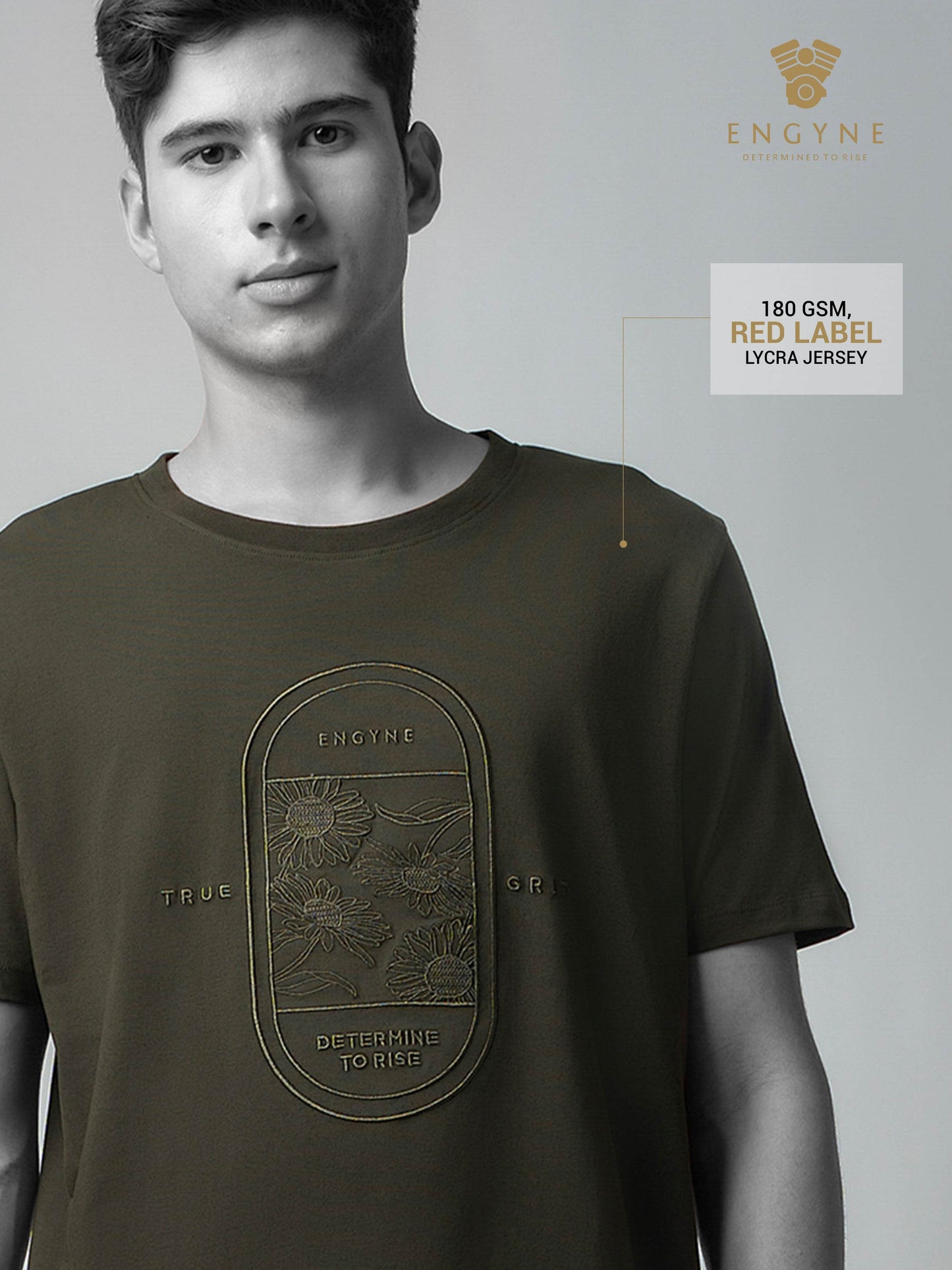 Rougen Cotton Lycra with Floral Placement Embroidery Olive T-shirt - ENGYNE